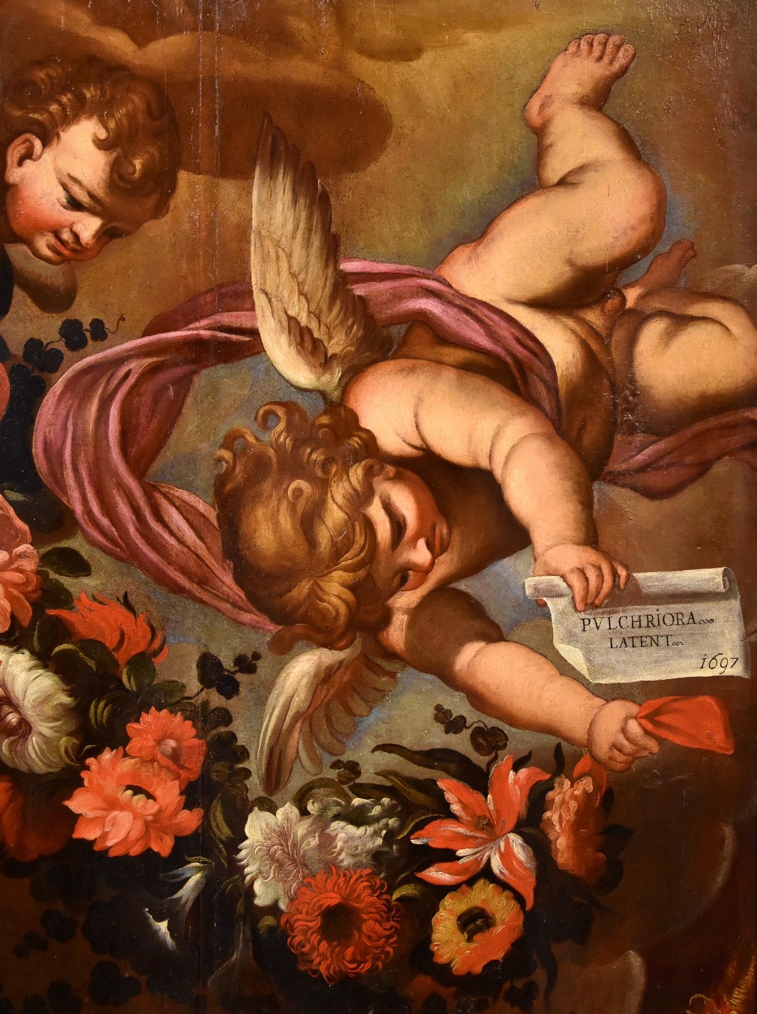 Peinture à l'huile sur table Angels Floral Garland Maratta de l'ancien maître italien du 17ème siècle en vente 1