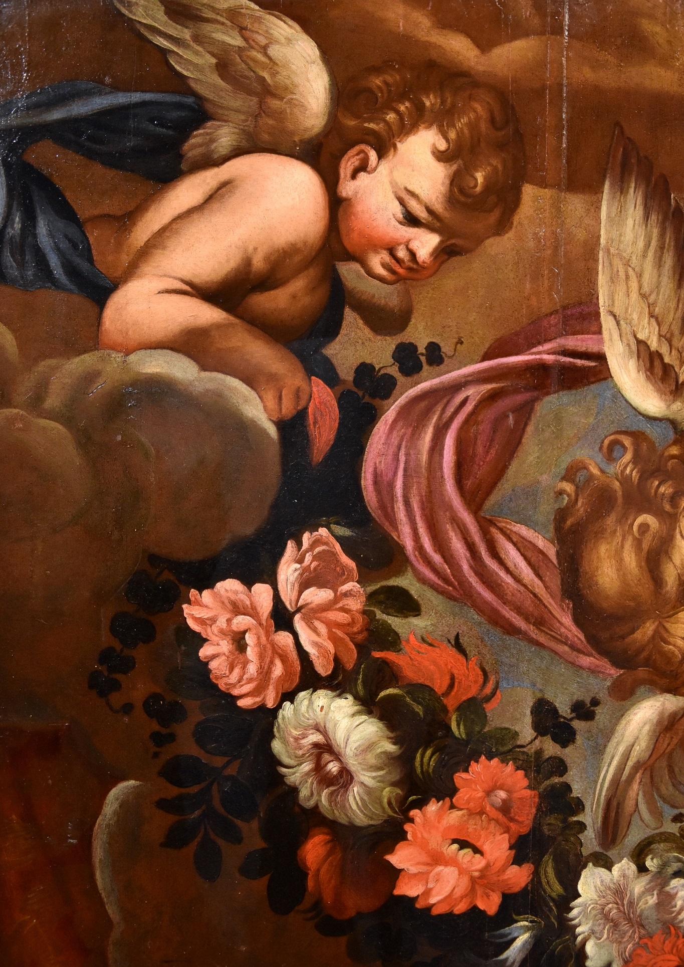 Peinture à l'huile sur table Angels Floral Garland Maratta de l'ancien maître italien du 17ème siècle en vente 2
