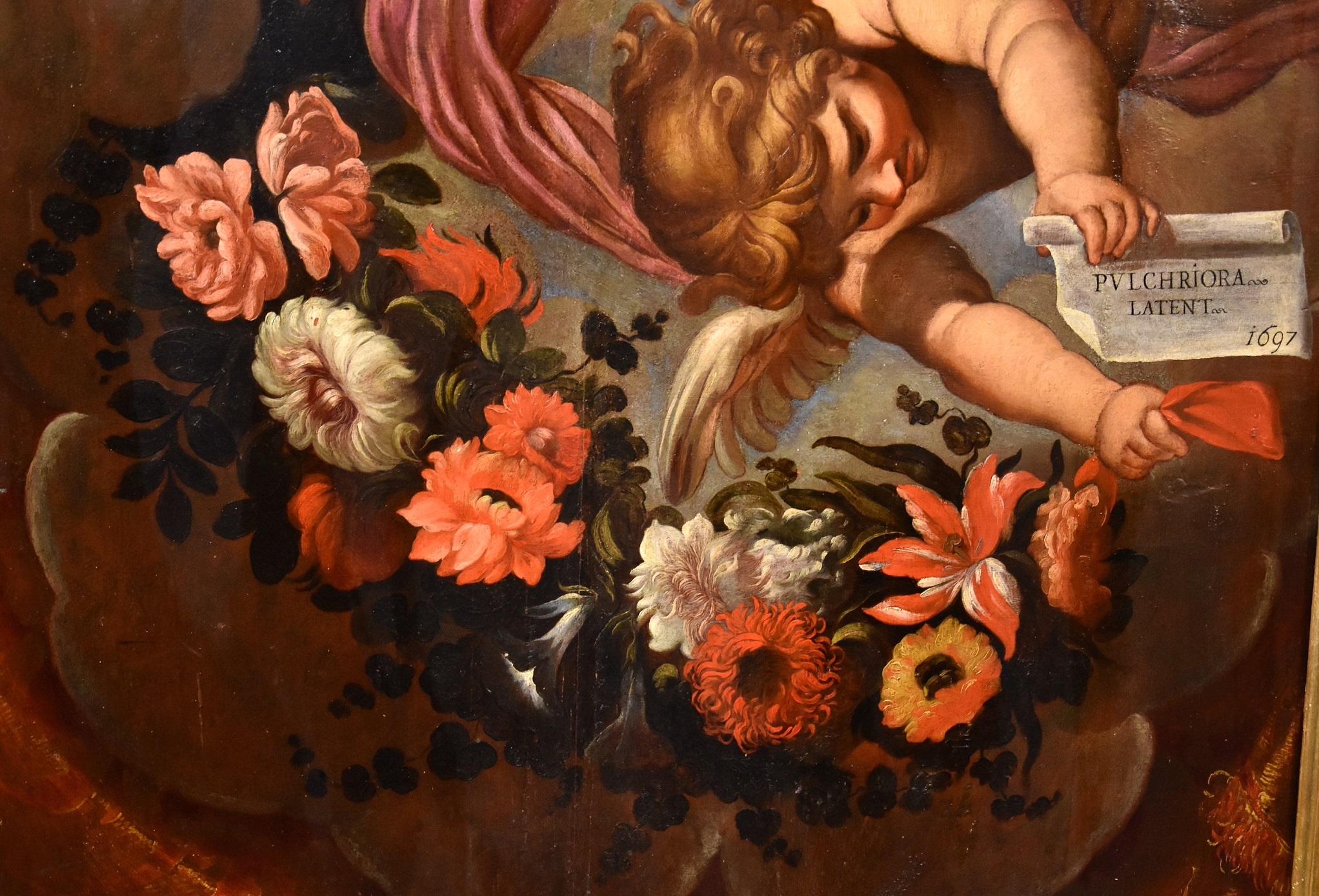 Peinture à l'huile sur table Angels Floral Garland Maratta de l'ancien maître italien du 17ème siècle en vente 3