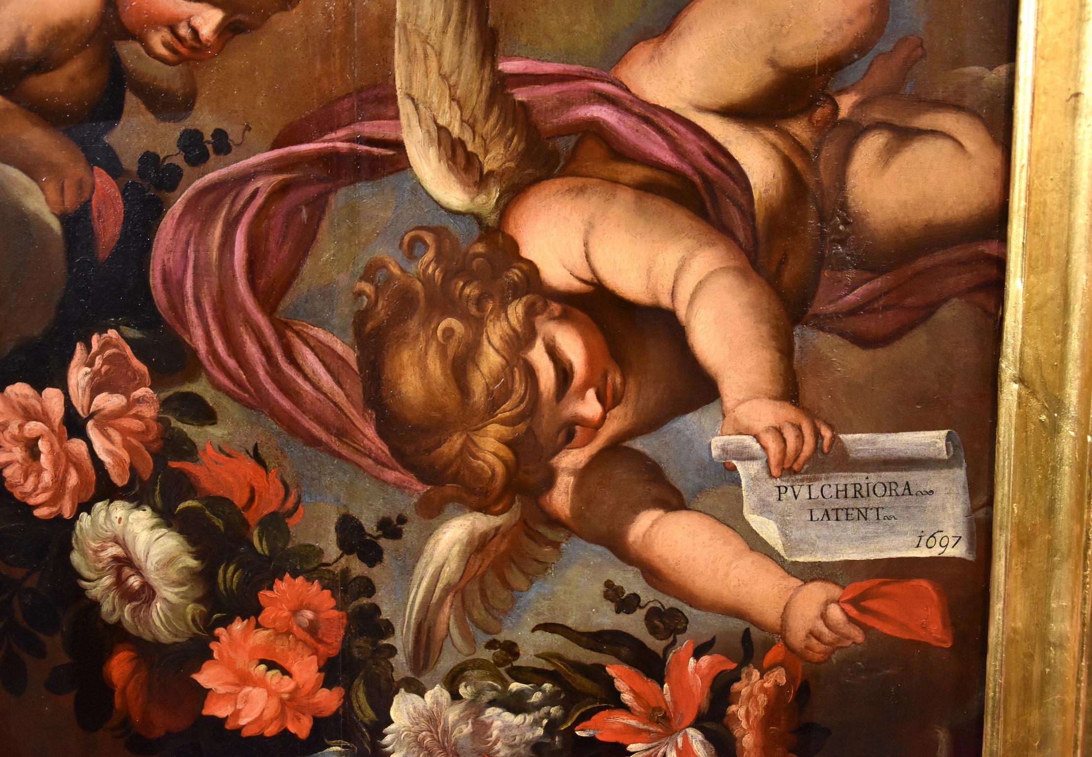 Peinture à l'huile sur table Angels Floral Garland Maratta de l'ancien maître italien du 17ème siècle en vente 4