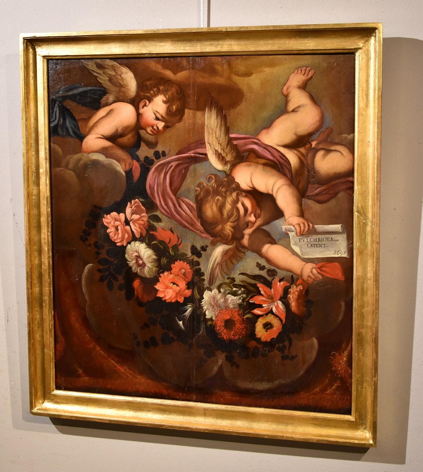 Peinture à l'huile sur table Angels Floral Garland Maratta de l'ancien maître italien du 17ème siècle en vente 5