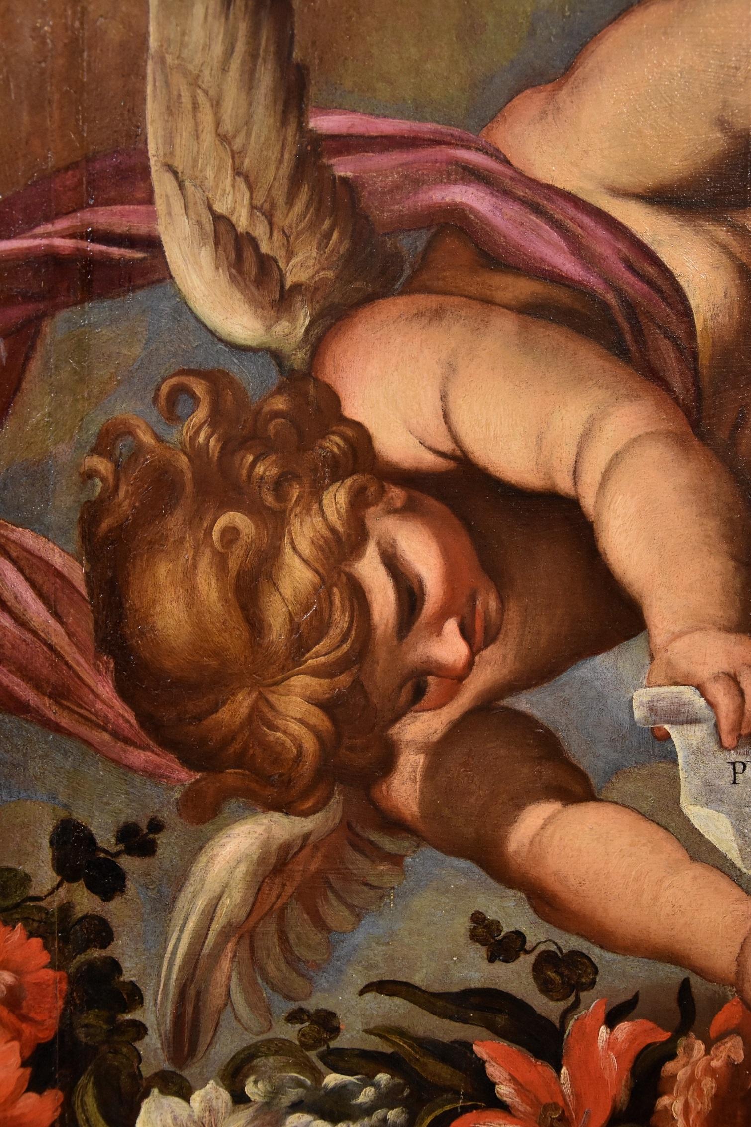 Peinture à l'huile sur table Angels Floral Garland Maratta de l'ancien maître italien du 17ème siècle en vente 6