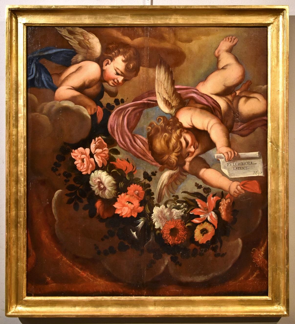 Angels Floral Garland Maratta Paint Oil on table Old master 17th Century Italian - Painting by Carlo Maratta (Camerano, 1625 - Rome, 1713)