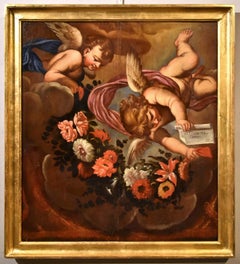 Angels Floral Garland Maratta Paint Oil on table Old master 17th Century Italian