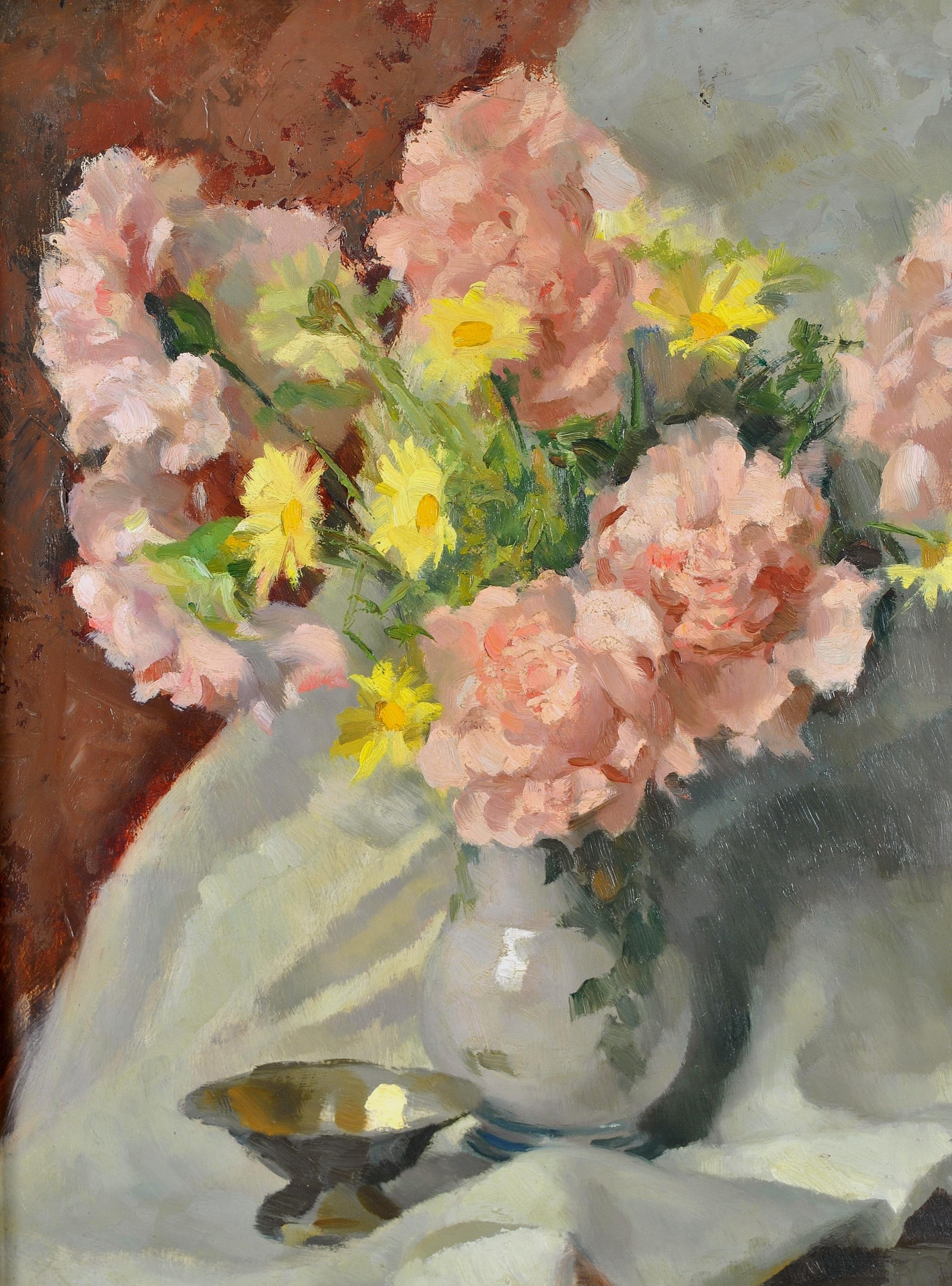 Roses et fleurs sauvages - Nature morte impressionniste italienne du 20e siècle - Painting de Carlo Marzorati