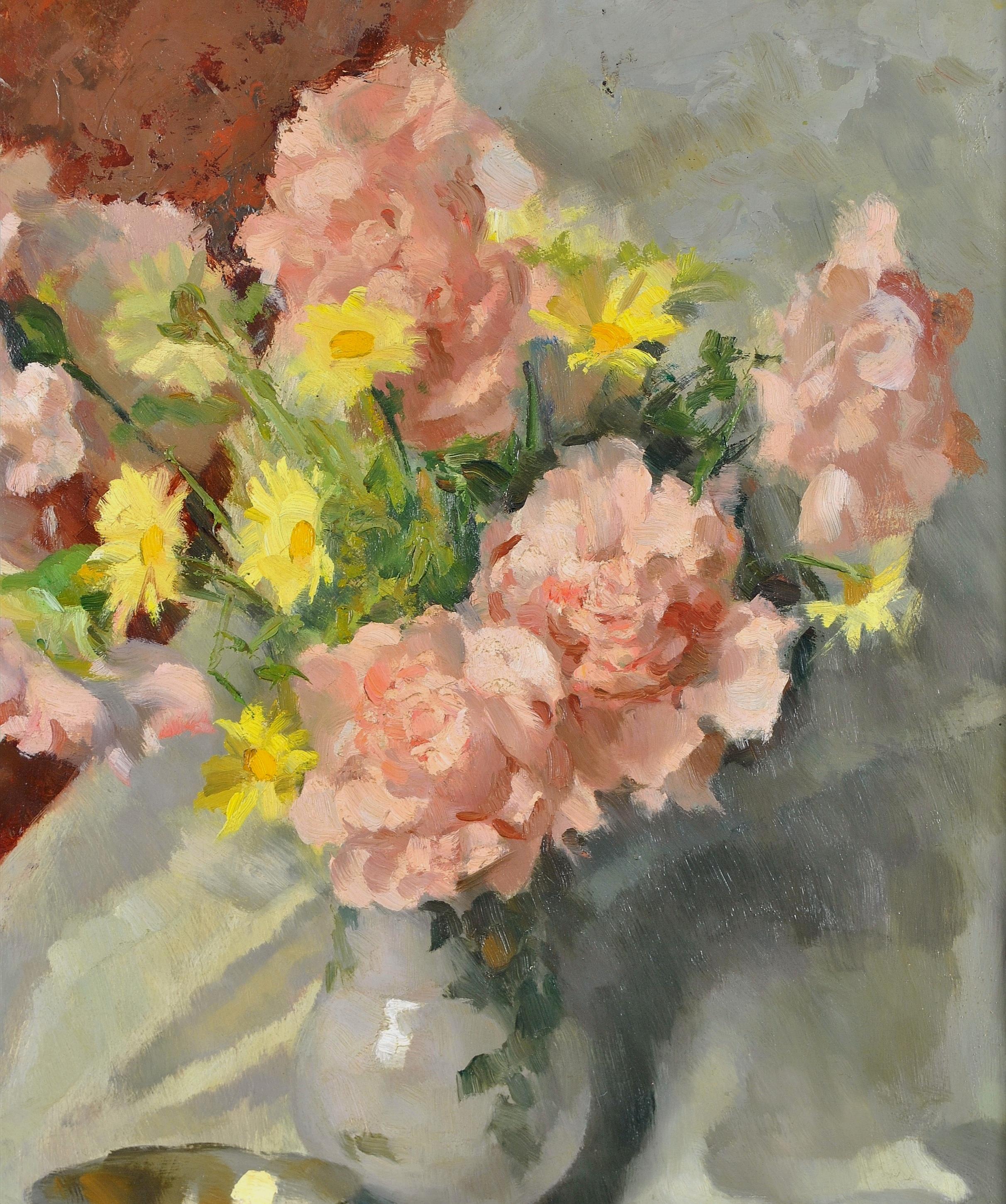 Roses & Wildflowers - 20th Century Italian Impressionist Still Life Oil Painting For Sale 1