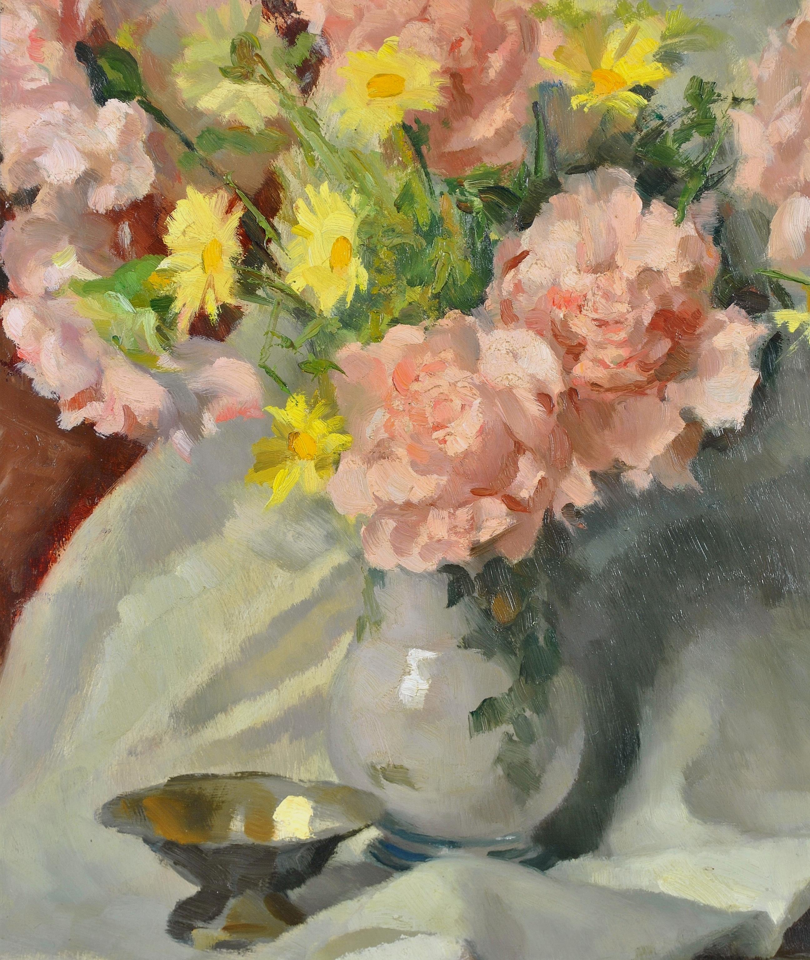 Magnifique huile impressionniste sur panneau des années 1930 représentant des roses et des fleurs sauvages dans un vase par le peintre italien Carlo Marzorati.

Travail d'excellente qualité en très bon état d'origine. Signée en bas à droite et