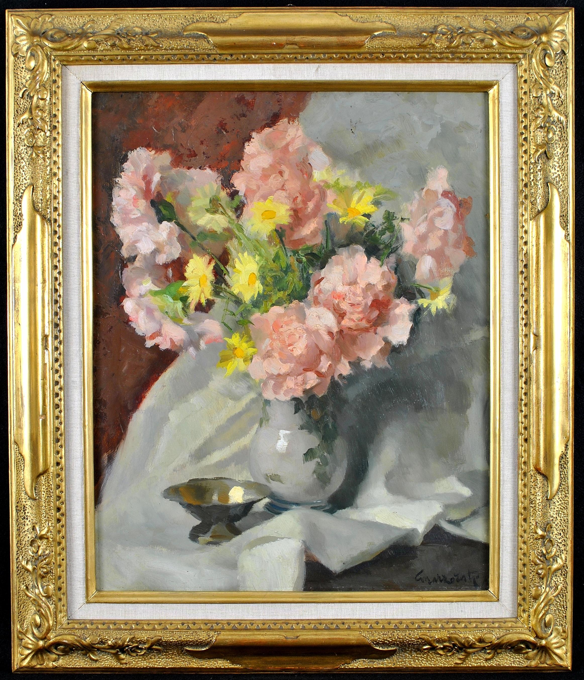 Carlo Marzorati Still-Life Painting – Roses & Wildblumen - Italienisches impressionistisches Stillleben des 20. Jahrhunderts, Ölgemälde