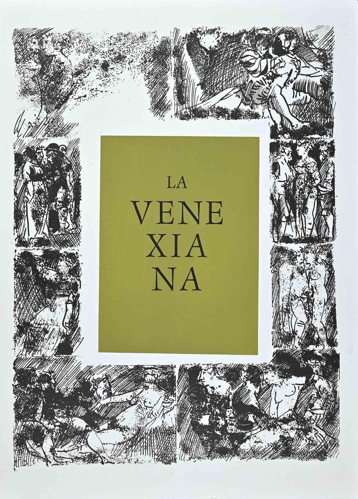 La Venexiana ist eine Original-Radierung und Aquatinta auf Papier, die Carlo Mattioli in den 1970er Jahren realisiert hat.

Sehr guter Zustand.

Das Kunstwerk wird durch geschickte Pinselstriche mit minimalistischen, harmonisch aufgetragenen Farben
