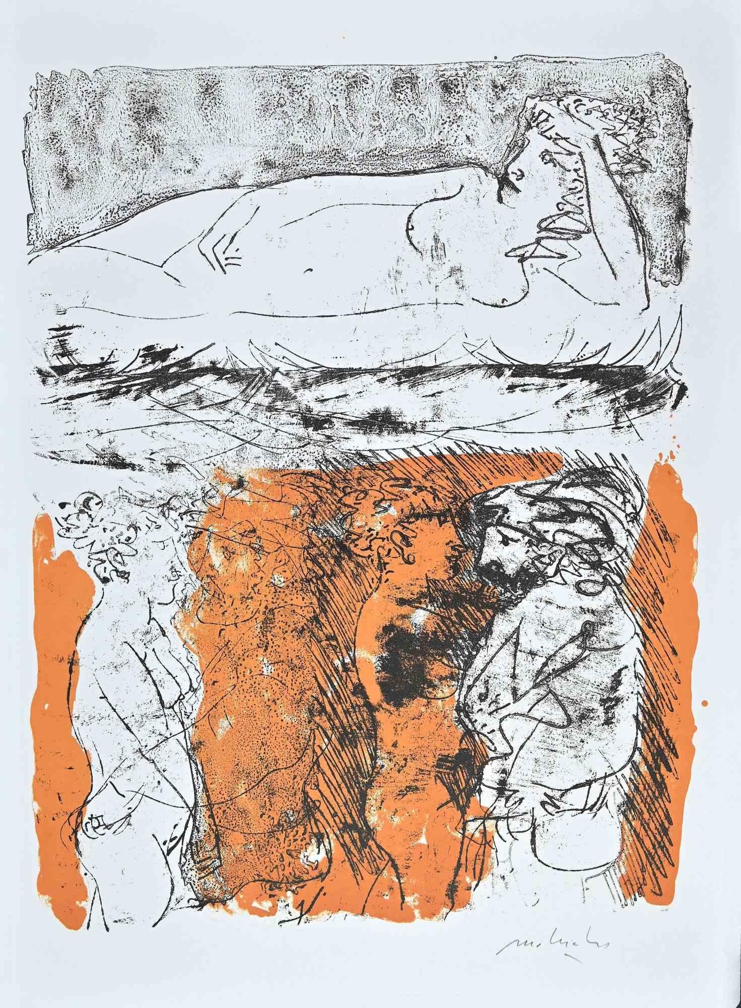 Lovers and Nude is an etching and aquatint on paper realized by  Carlo Mattioli in the 1970s.

Hand-signed on the lower.

Very good conditions.

The artwork is expressed through deft strokes with minimalistic colors applied in a harmonious manner,