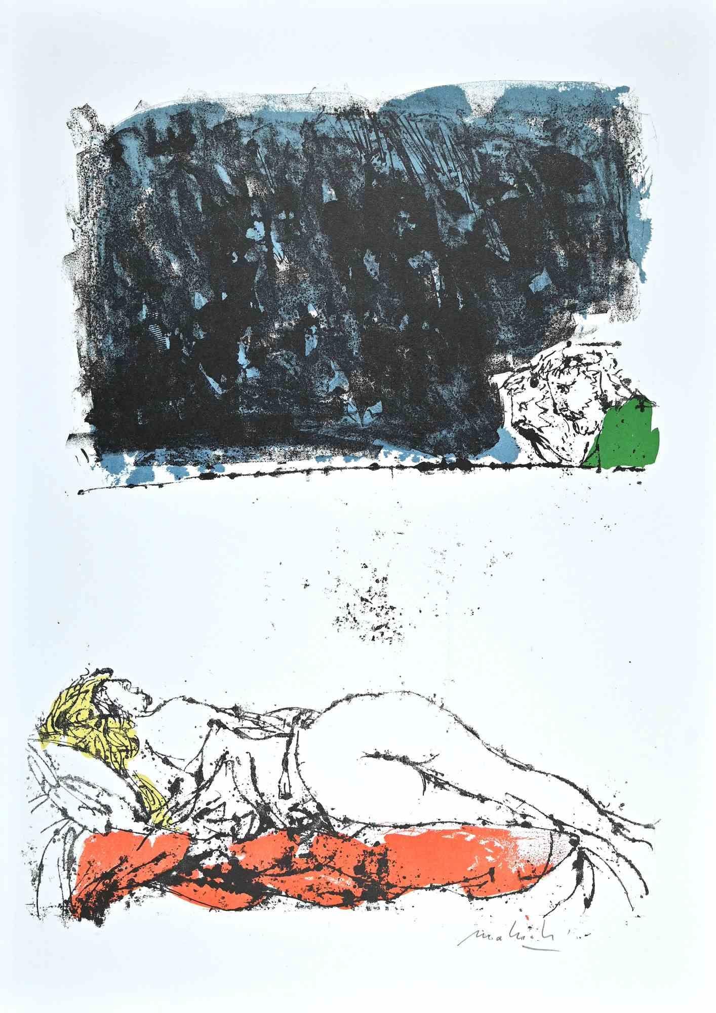 Nude is the original etching and aquatint on paper realized by Carlo Mattioli in the 1970s.

Hand-signed on the lower.

Very good conditions.

The artwork is expressed through deft strokes with minimalistic colors applied in a harmonious manner,
