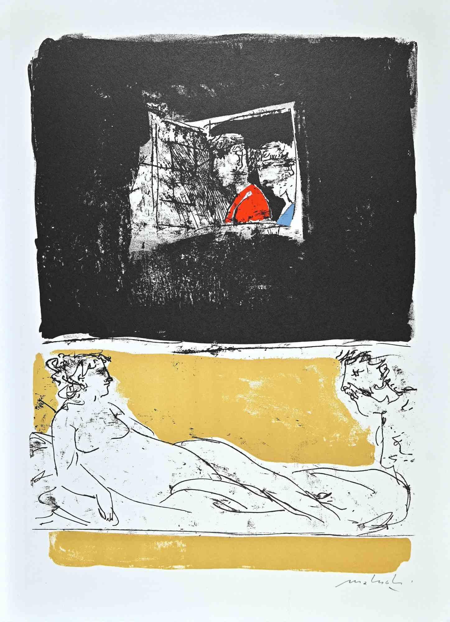 The Nude and Gazing through Window is the original etching and aquatint on paper realised by  Carlo Mattioli in 1970s.

Hand-signed on the lower.

Very good conditions.

The artwork is expressed through deft strokes with minimalistic colors applying