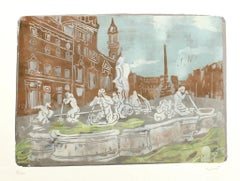 Vintage Navona Square - Screen Print by Carlo Mazzoni - Late 20th Century