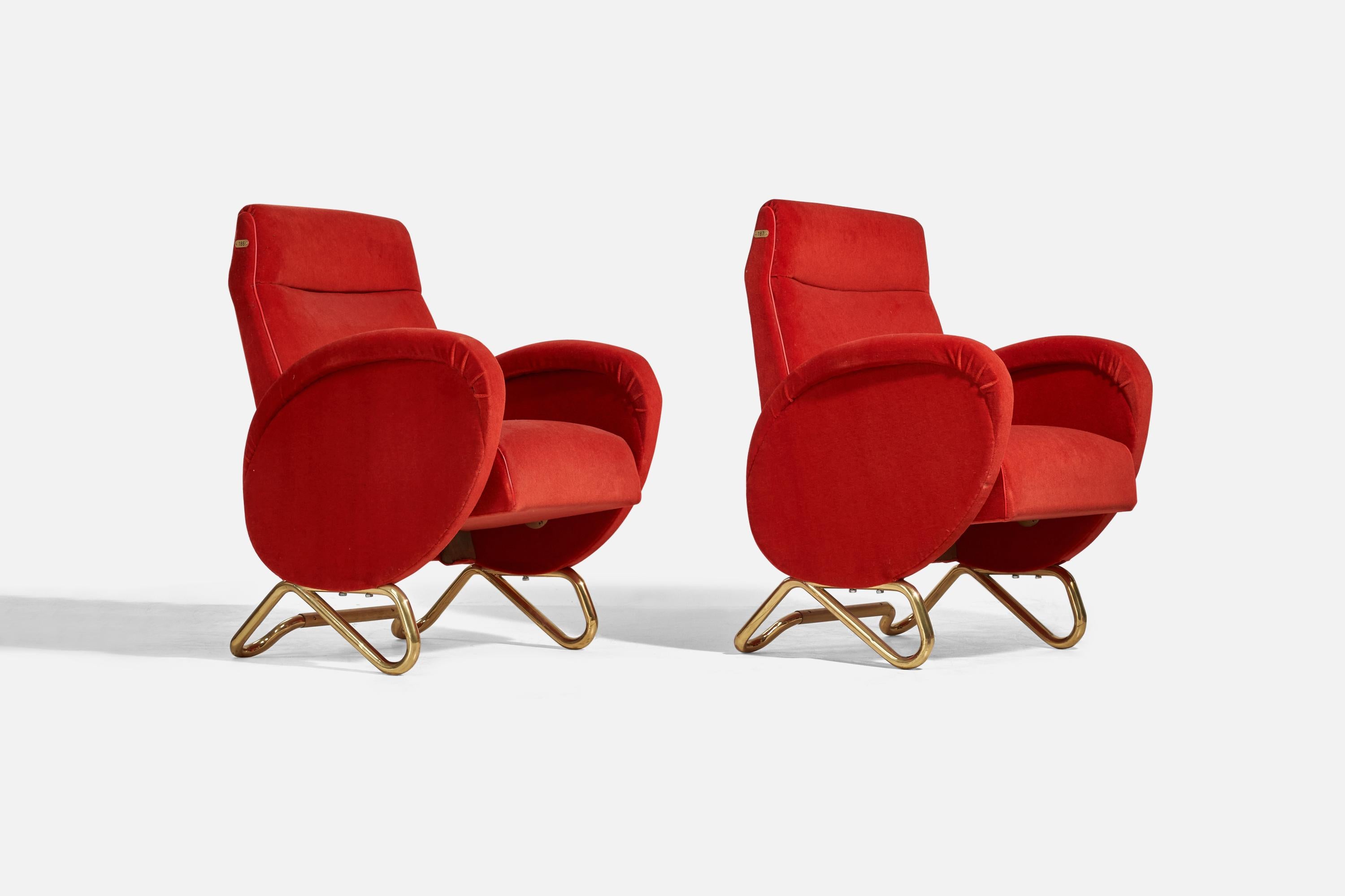 A pair of red velvet and brass armchairs designed and produced by Carlo Mollino for the RAI Auditorium in Turin, Italy, 1952. 

