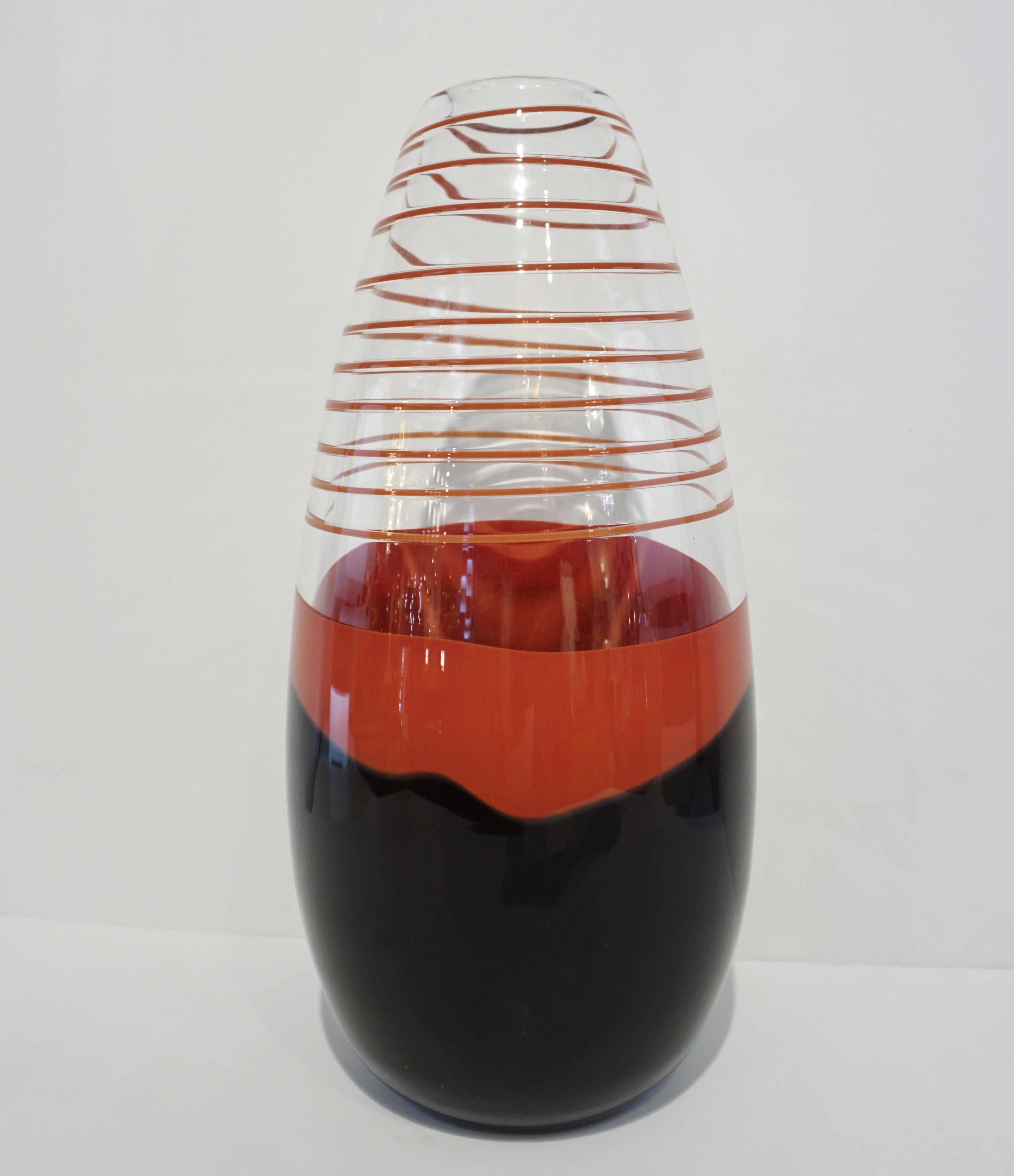 Carlo Moretti 1980s Italian Vintage Black Coral Red Crystal Murano Glass Vase 4