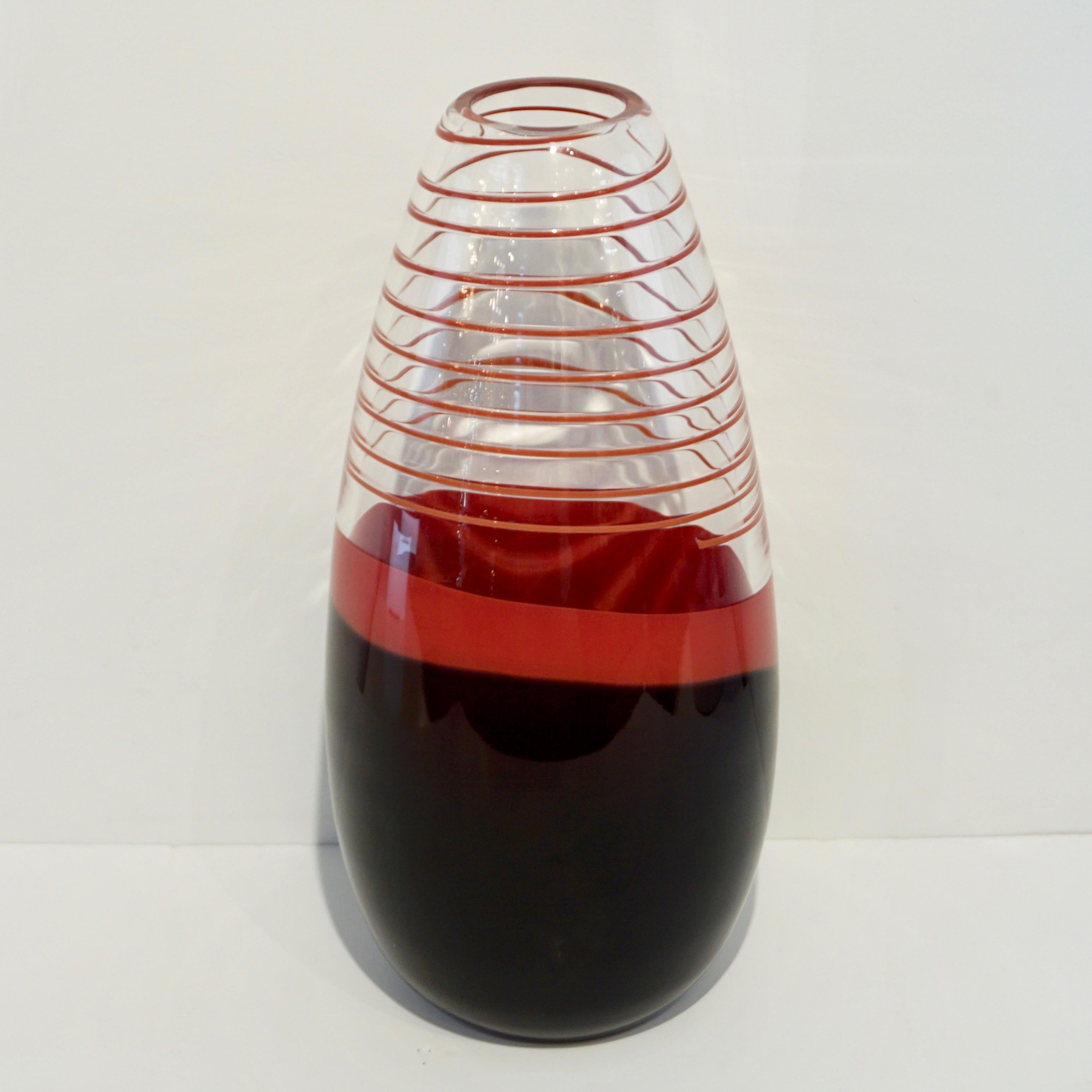 Carlo Moretti 1980s Italian Vintage Black Coral Red Crystal Murano Glass Vase 6