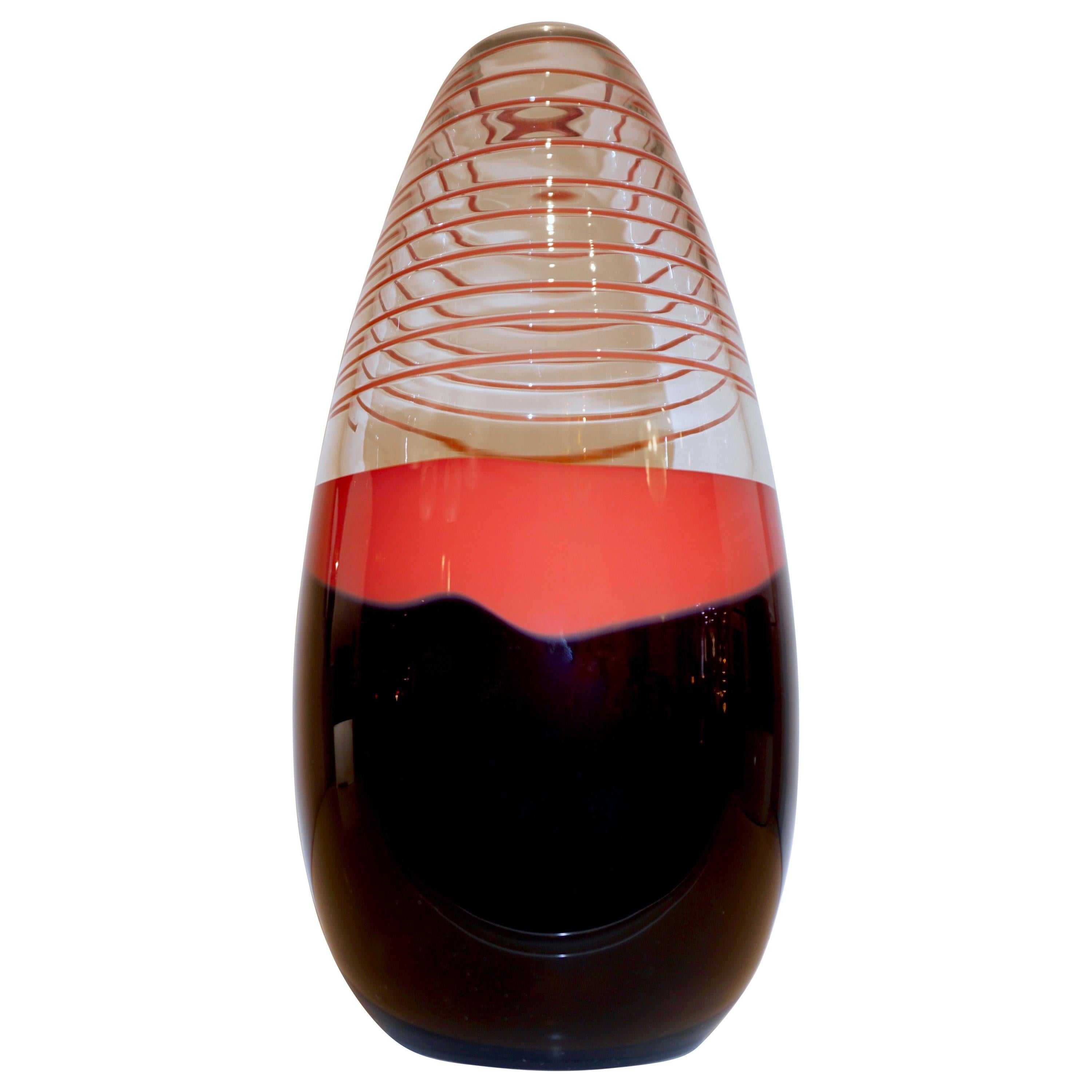 Carlo Moretti 1980s Italian Vintage Black Coral Red Crystal Murano Glass Vase
