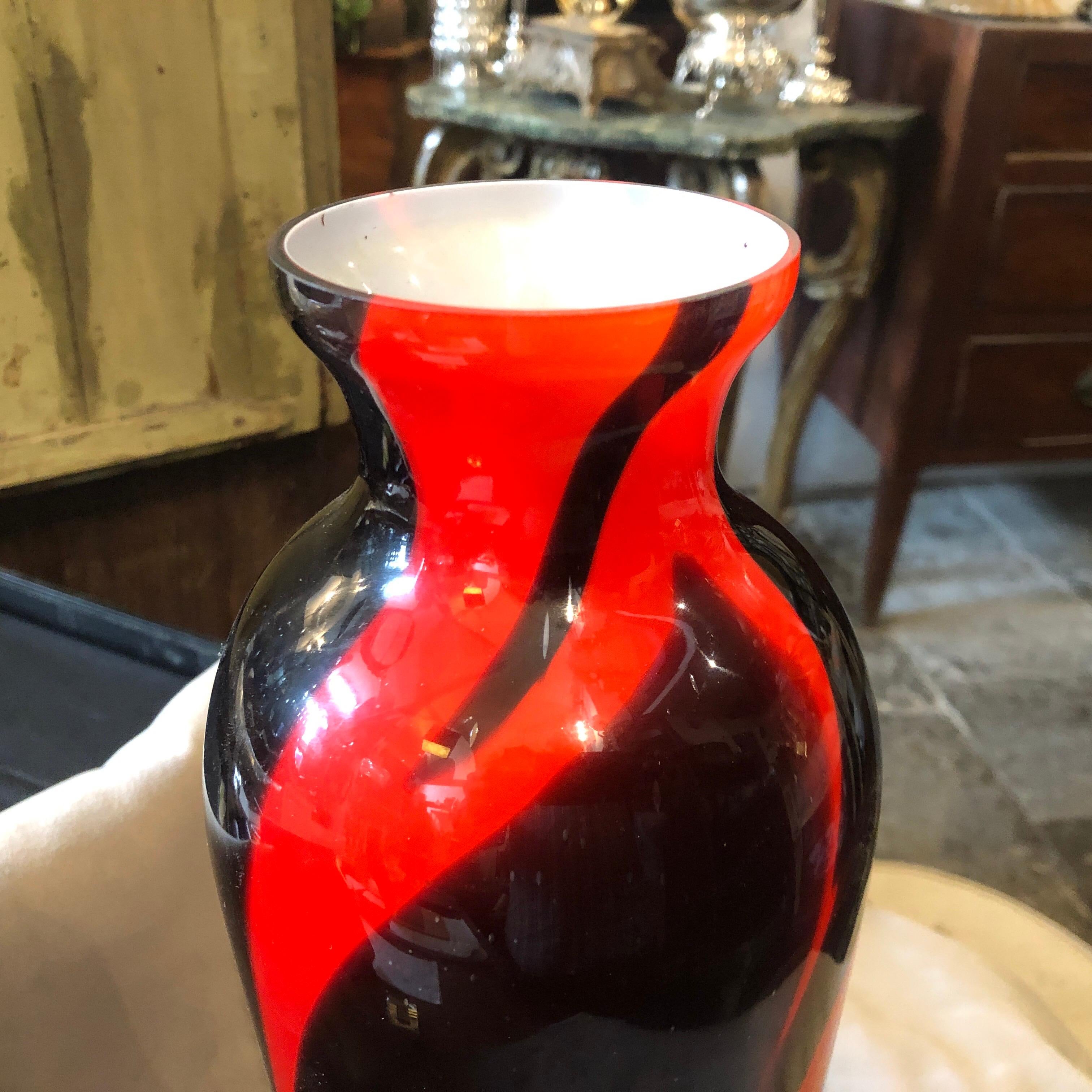 Opaline Glass 1970s Carlo Moretti Mid-Century Modern Red and Black Opaline Vase