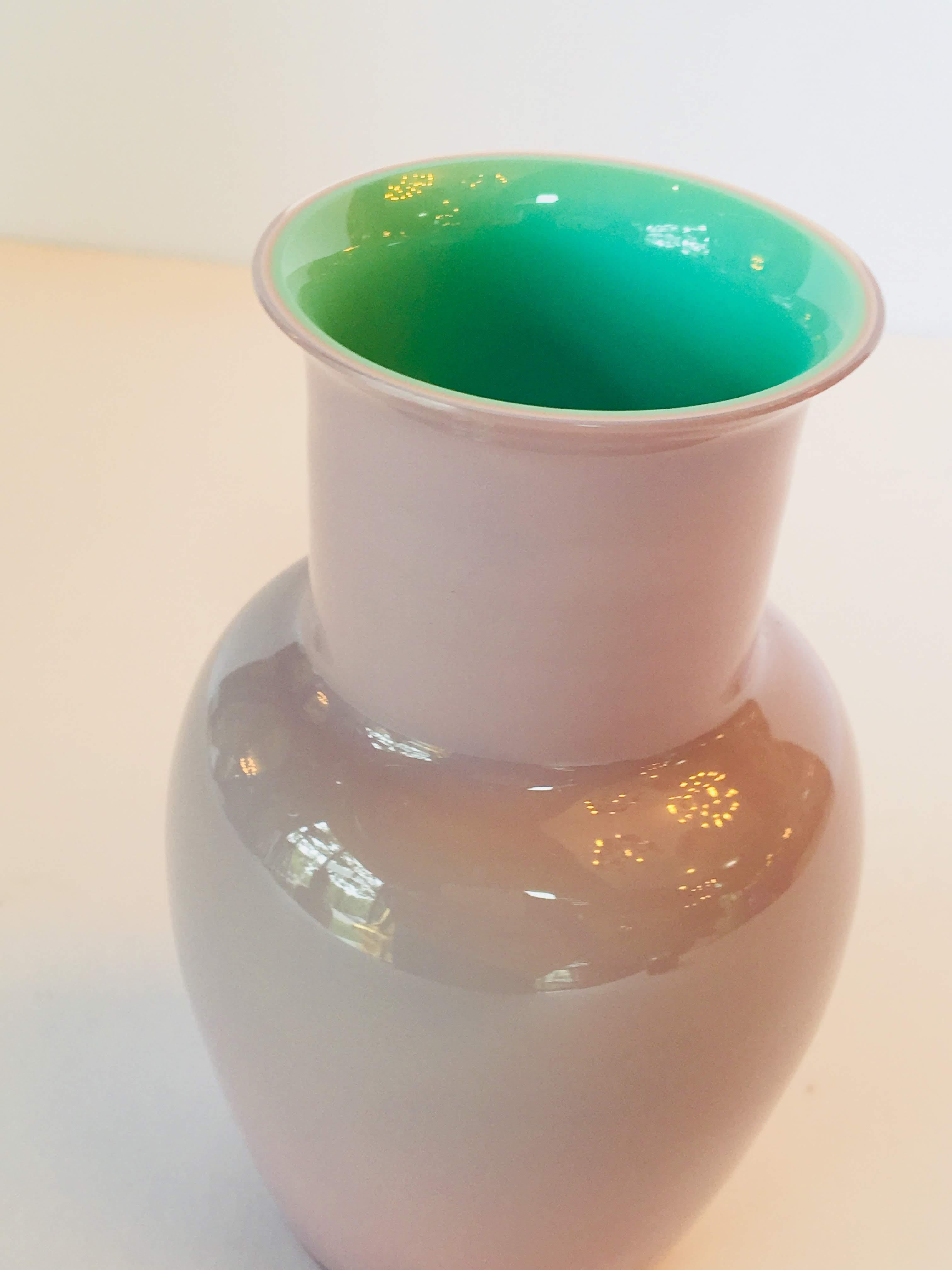 Carlo Moretti pale pink cased glass vase with green or blue interior.