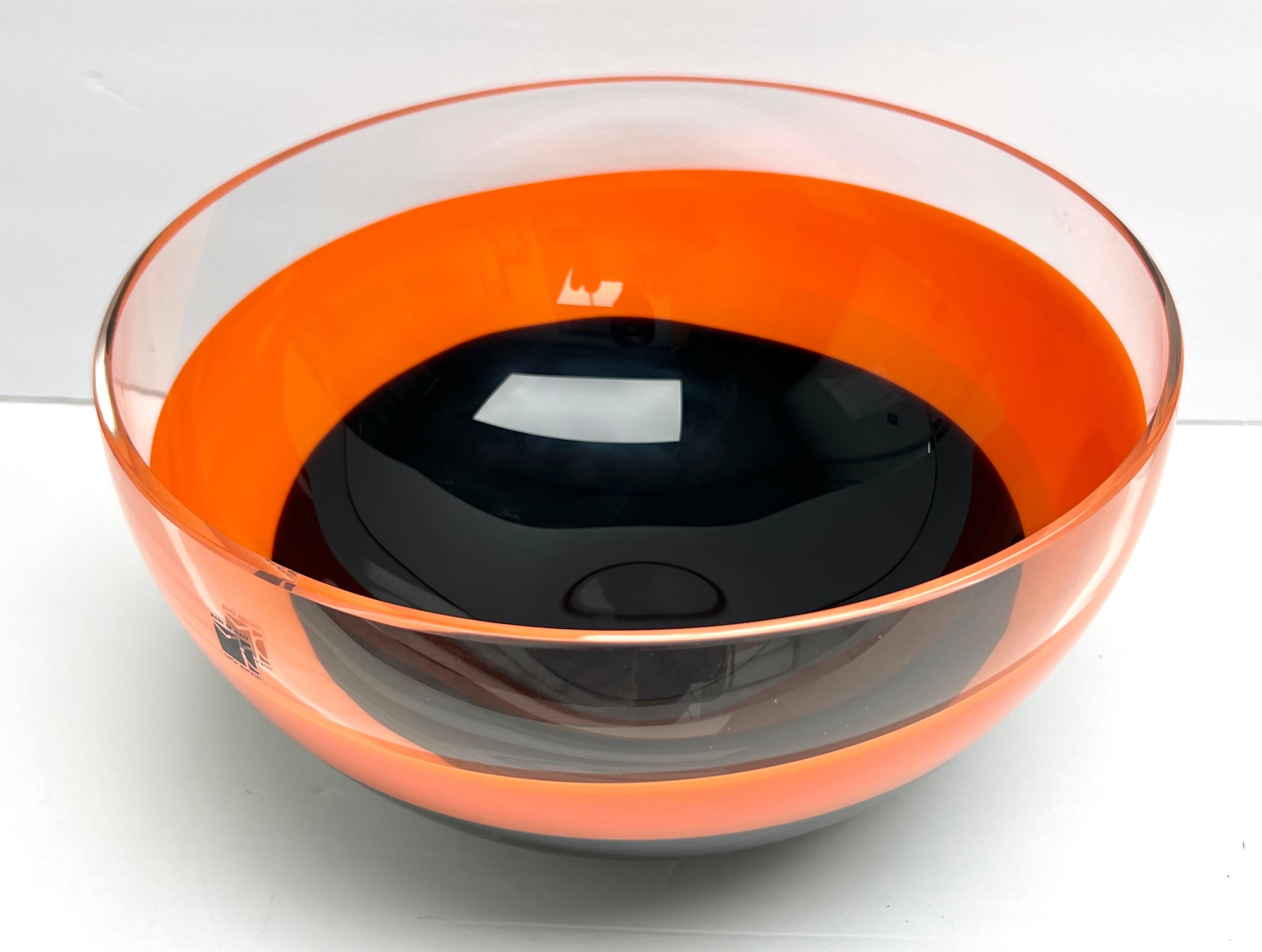 Italian Carlo Moretti Murano Art Glass Post Modern Orange Black Large Bowl Centerpiece For Sale