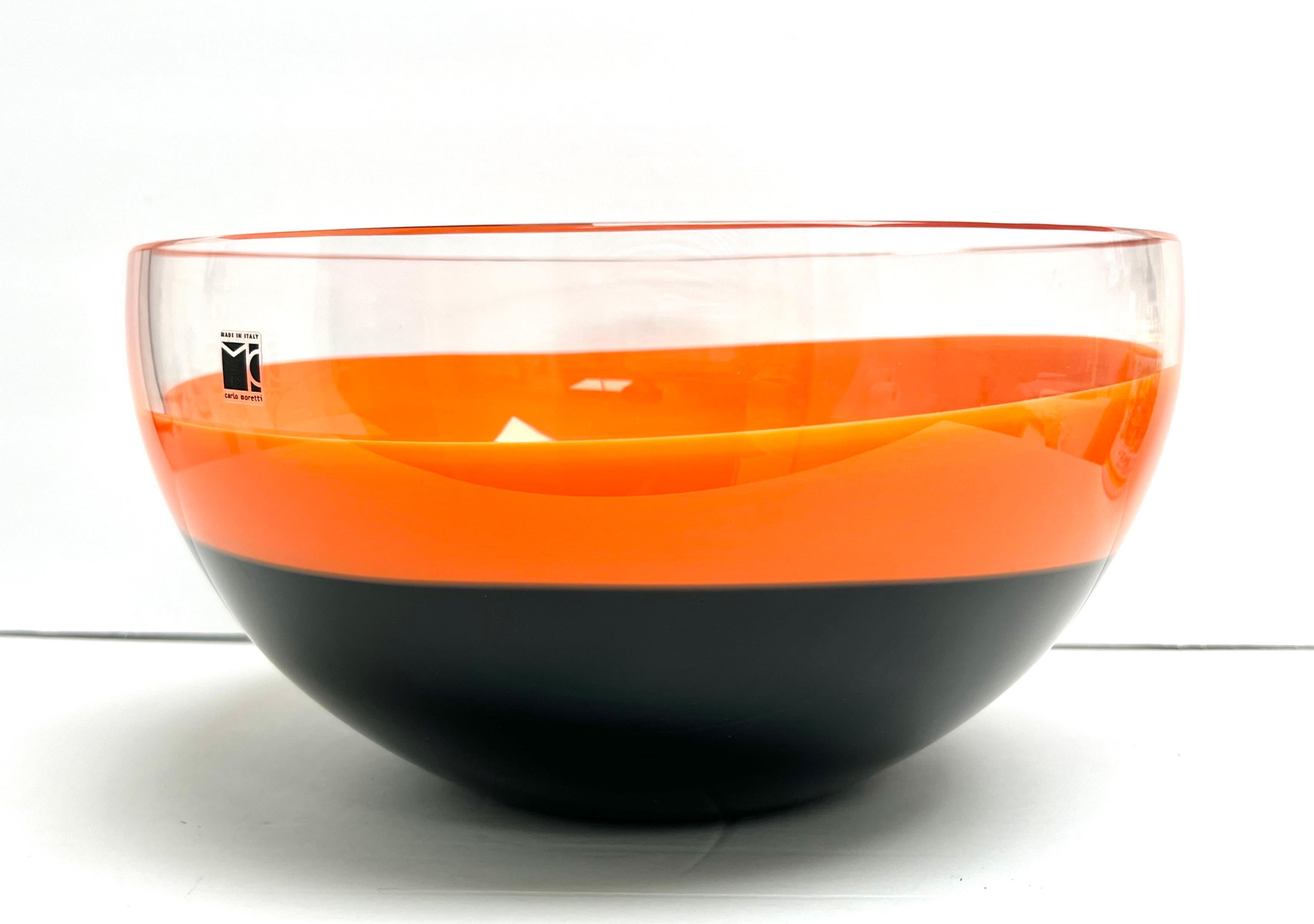 Carlo Moretti Murano Art Glass Post Modern Orange Black Large Bowl Centerpiece In Good Condition For Sale In Miami, FL