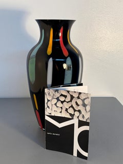 Carlo Moretti Murano Black Art Glass Vase with Multicolored Decoration