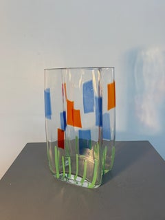 Carlo Moretti Murano Clear Art Glass Vase with Multicolored Abstract Design