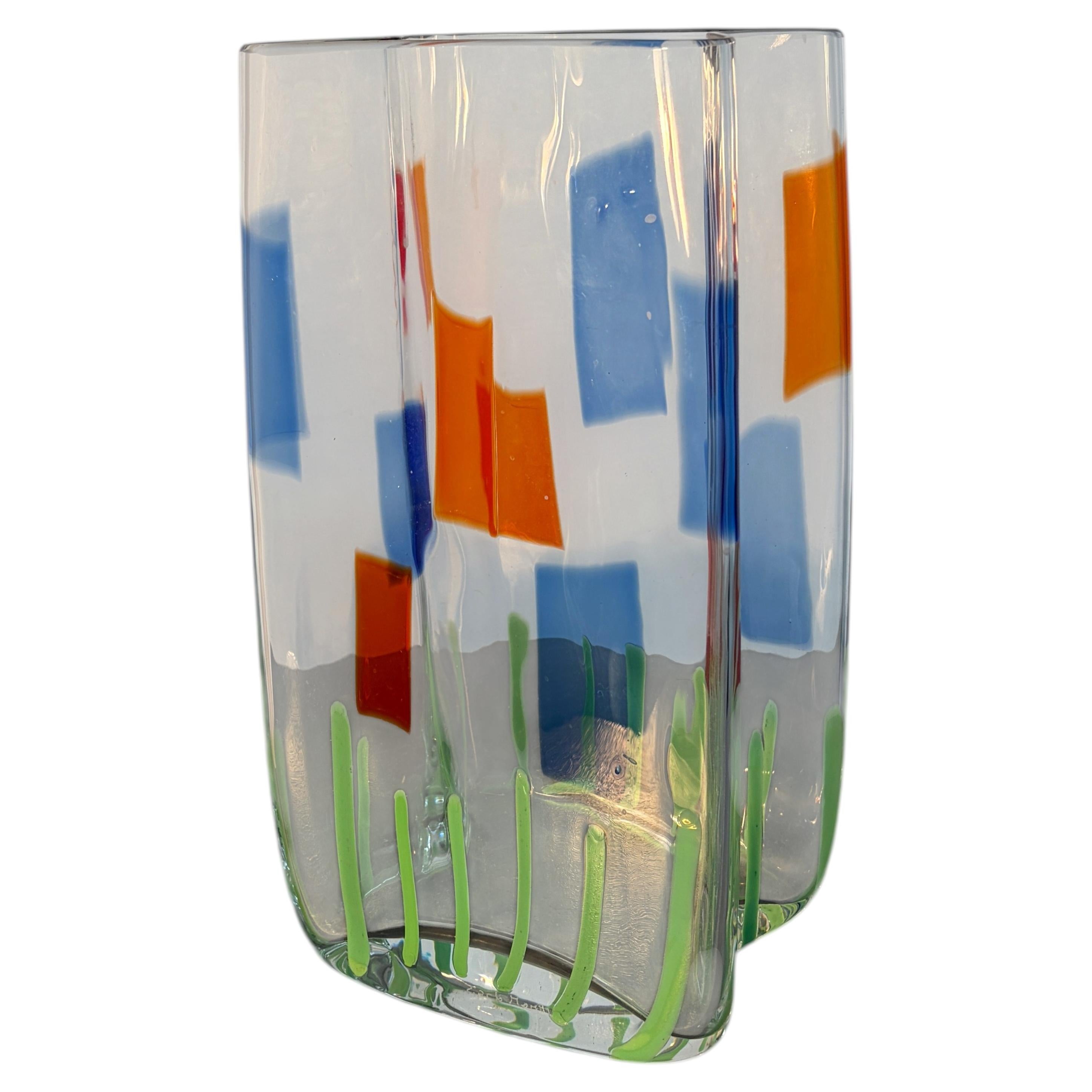 Carlo Moretti – Vase aus klarem Murano-Kunstglas mit mehrfarbigem, abstraktem Dekor