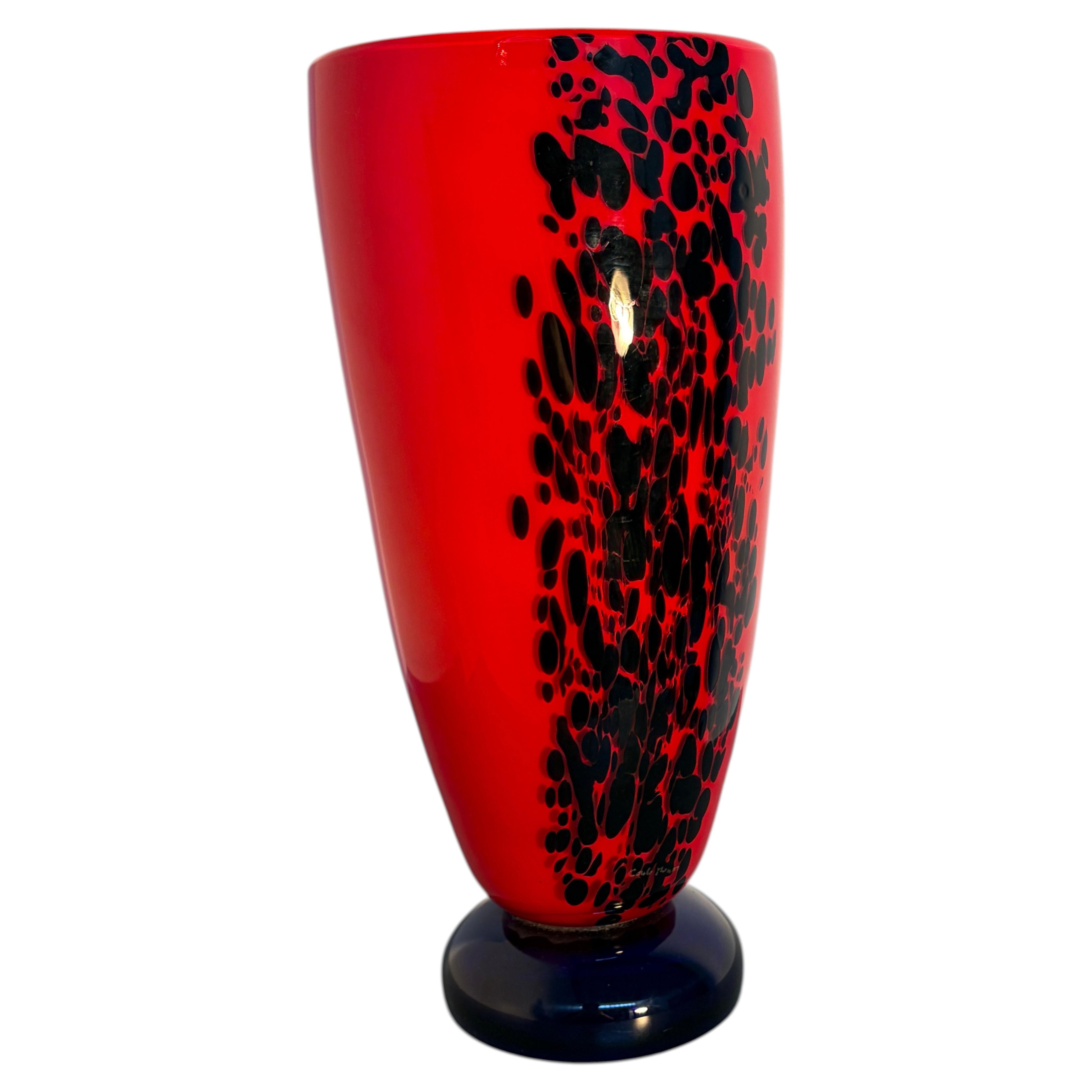 Carlo Moretti Murano Glass Vase in Red and Black, Signed