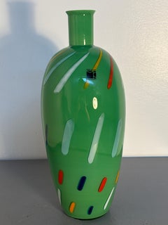 Carlo Moretti Murano Green Art Glass Vase with Multicolored Applied Decoration