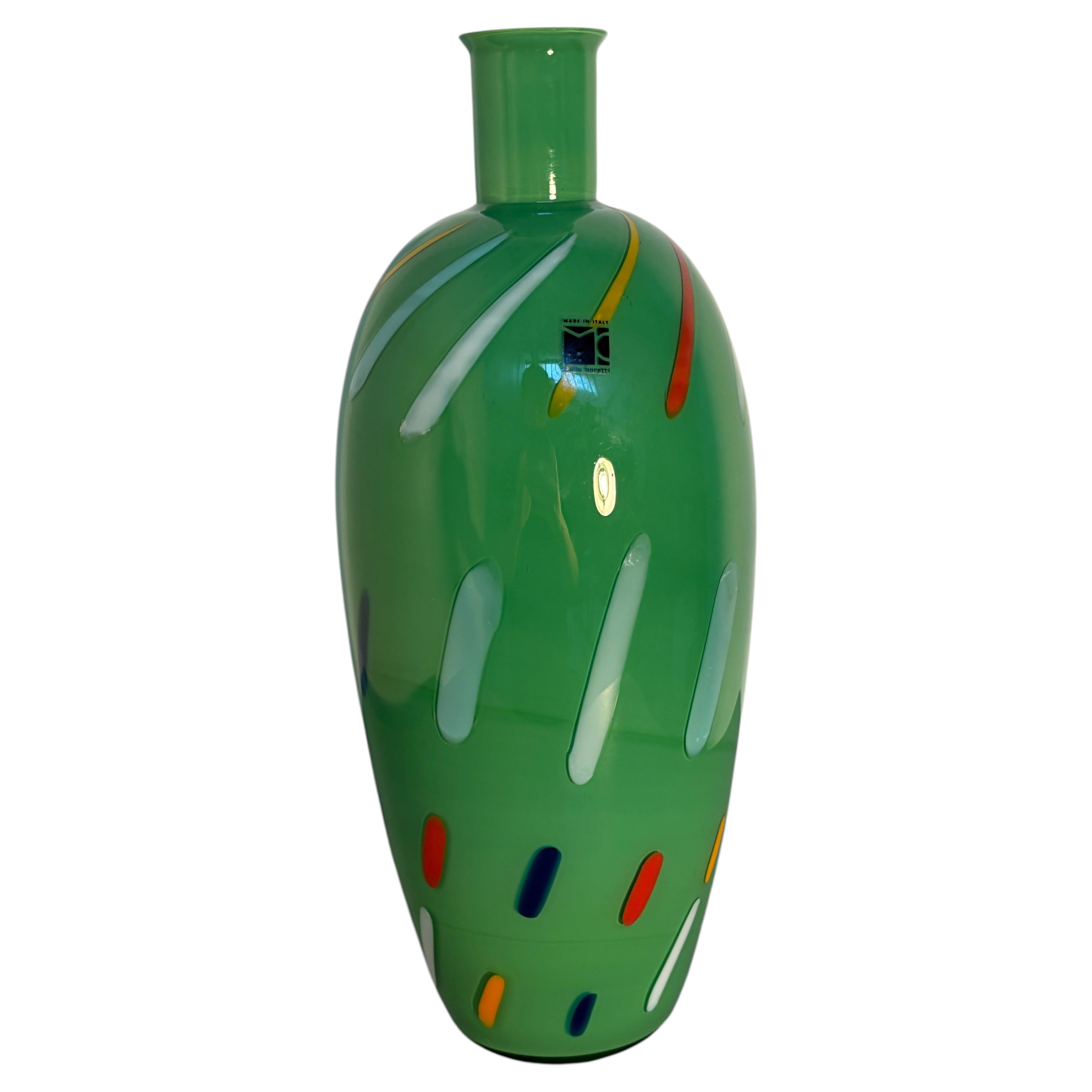 Carlo Moretti Murano Green Art Glass Vase with Multicolored Applied Decoration