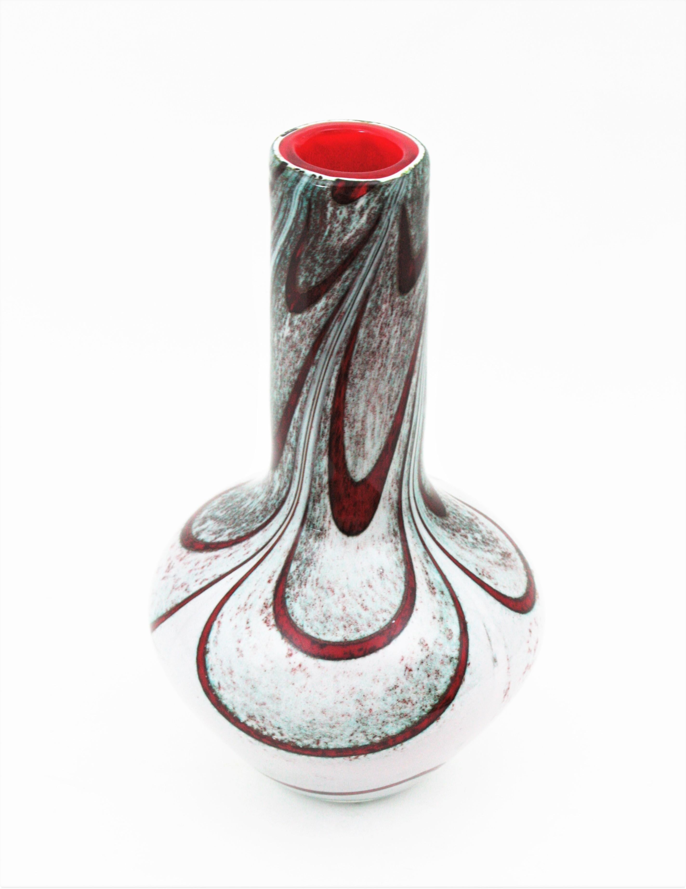 Italian Carlo Moretti Murano White Red Stripes Art Glass Vase, 1960s For Sale