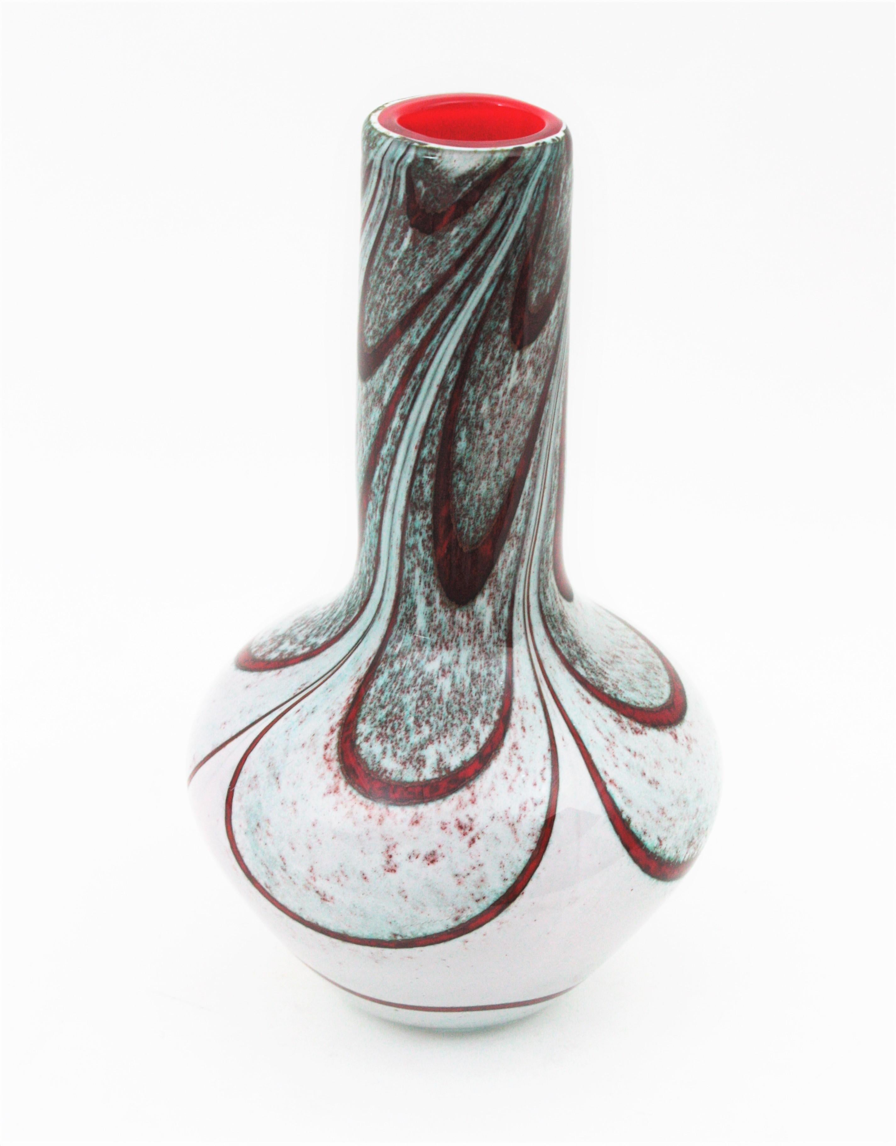 20th Century Carlo Moretti Murano White Red Stripes Art Glass Vase, 1960s For Sale