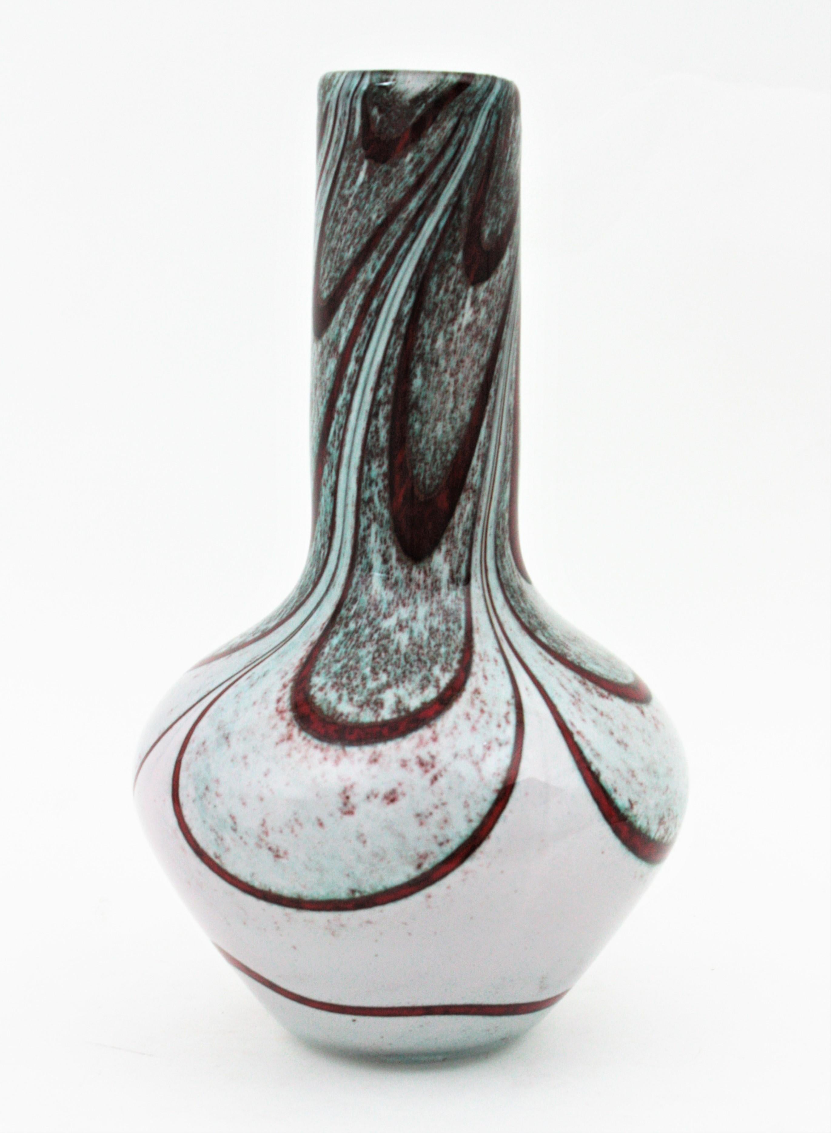Sommerso Carlo Moretti Murano White Red Stripes Art Glass Vase, 1960s For Sale