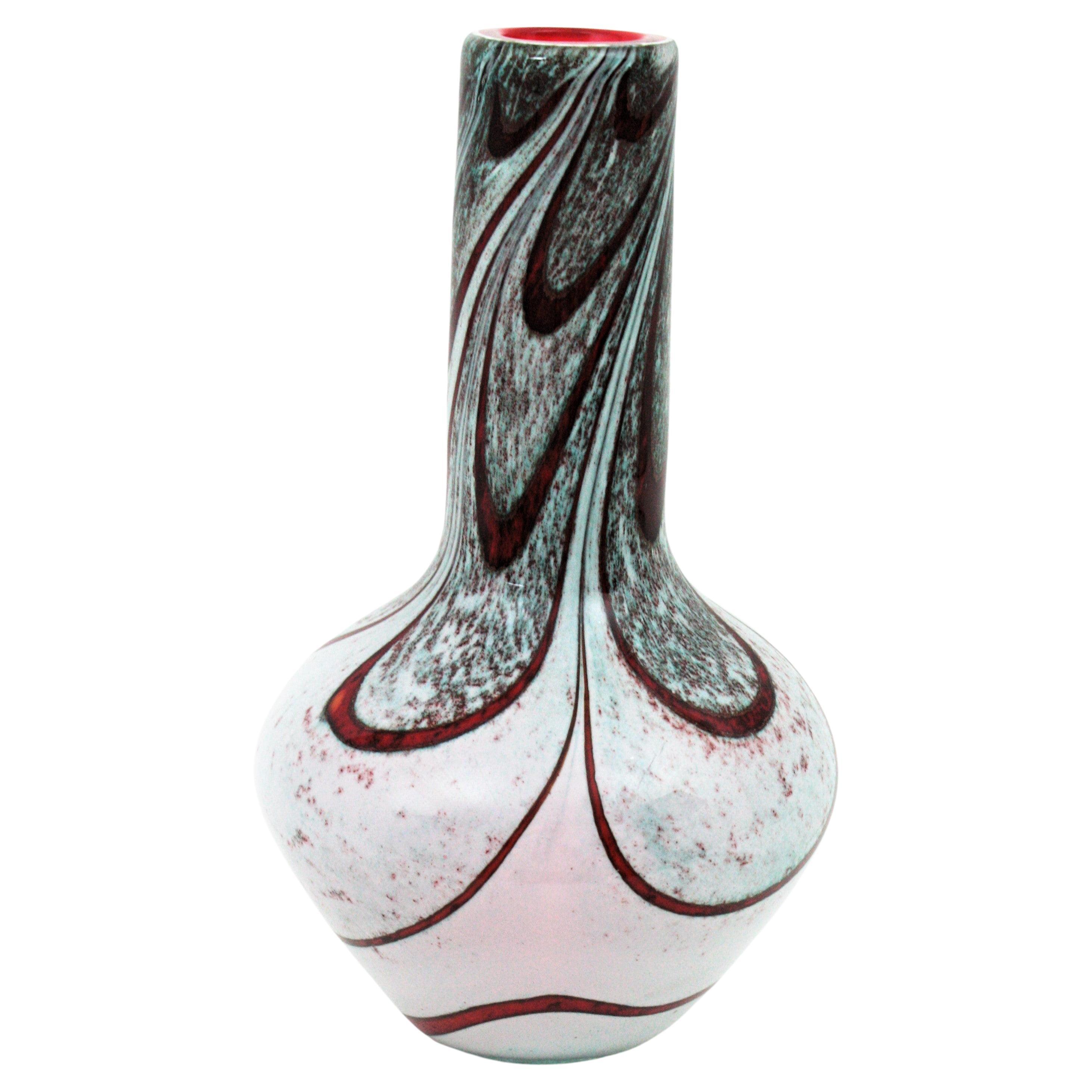Carlo Moretti Murano White Red Stripes Art Glass Vase, 1960s