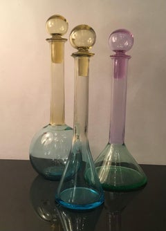 Carlo Moretti Set Of 3 Red White Rose' Wine Bottles Murano Glass 1970 Italy