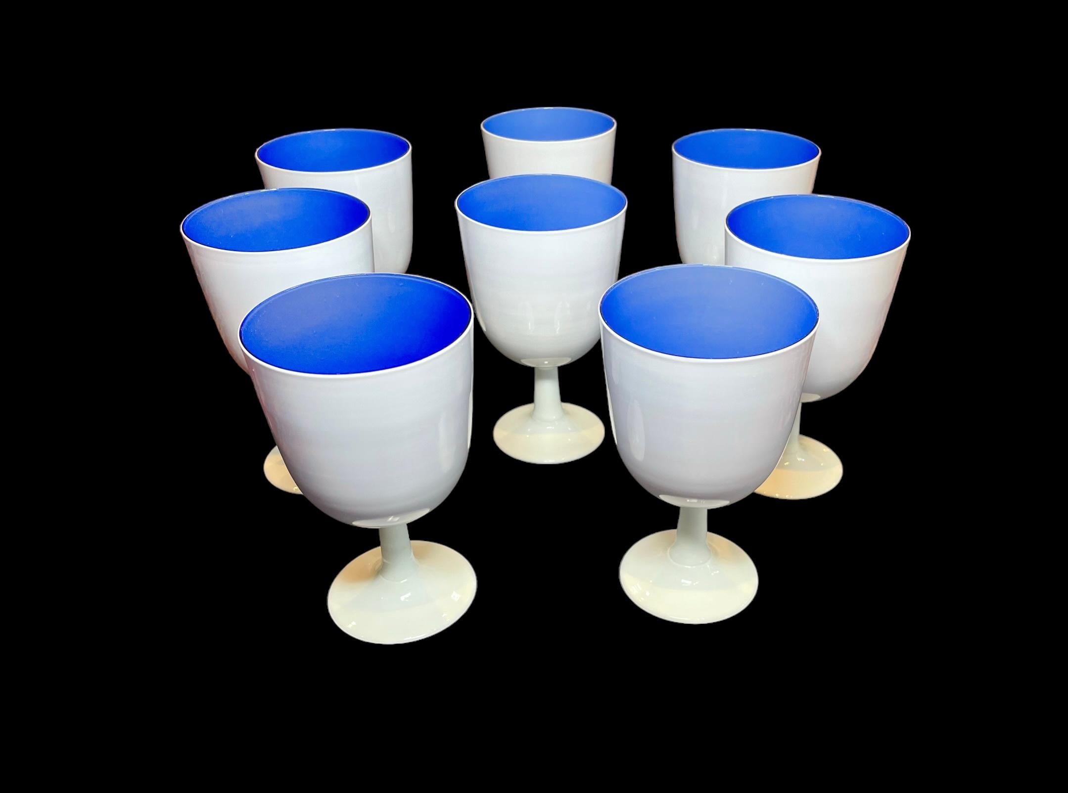 Carlo Moretti Set of Eight White and Blue Murano Glass Goblets For Sale 4