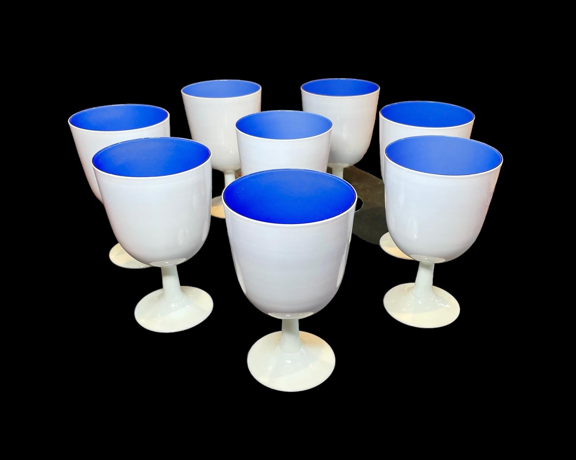 Modern Carlo Moretti Set of Eight White and Blue Murano Glass Goblets For Sale