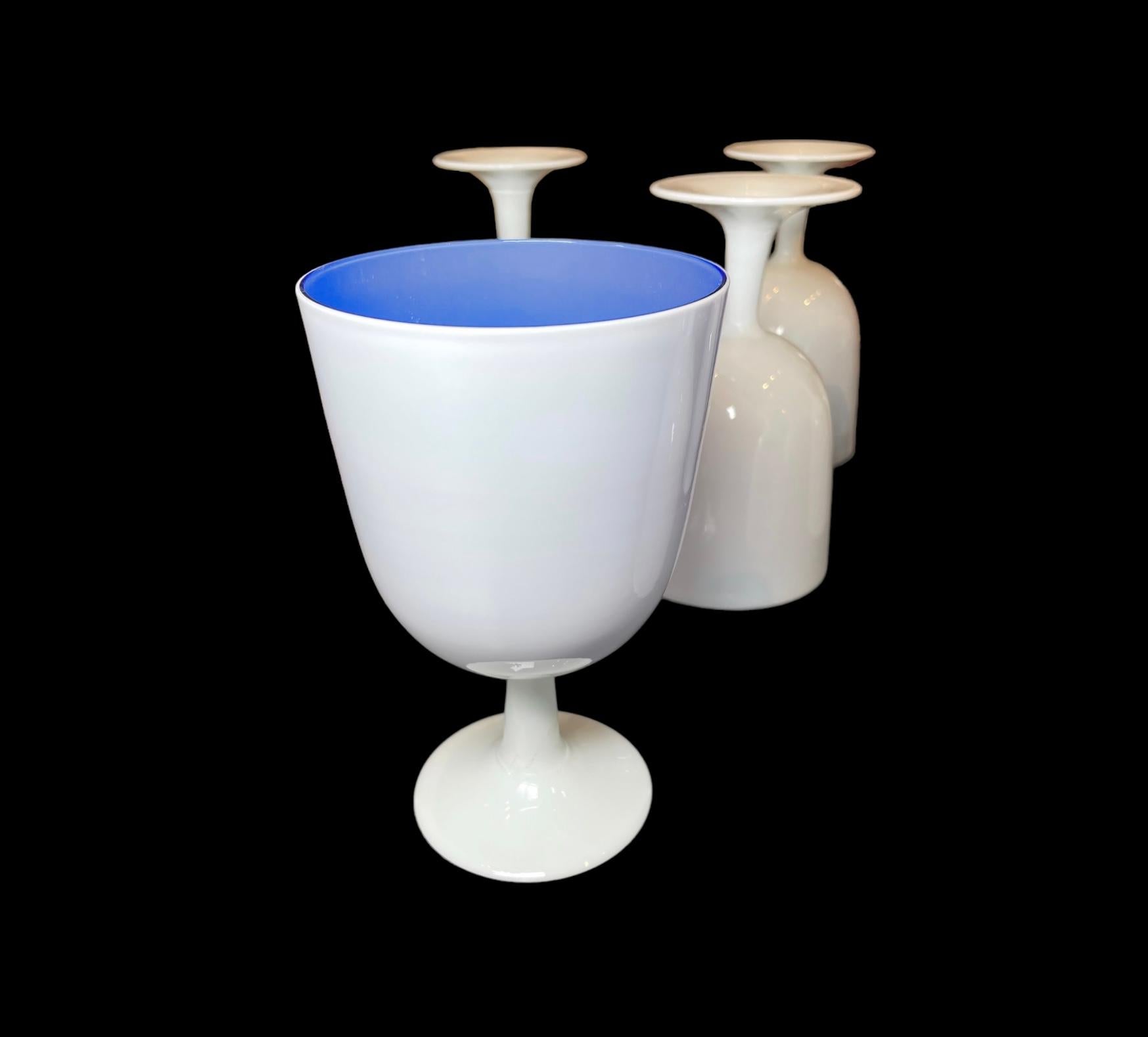 Hand-Crafted Carlo Moretti Set of Eight White and Blue Murano Glass Goblets For Sale