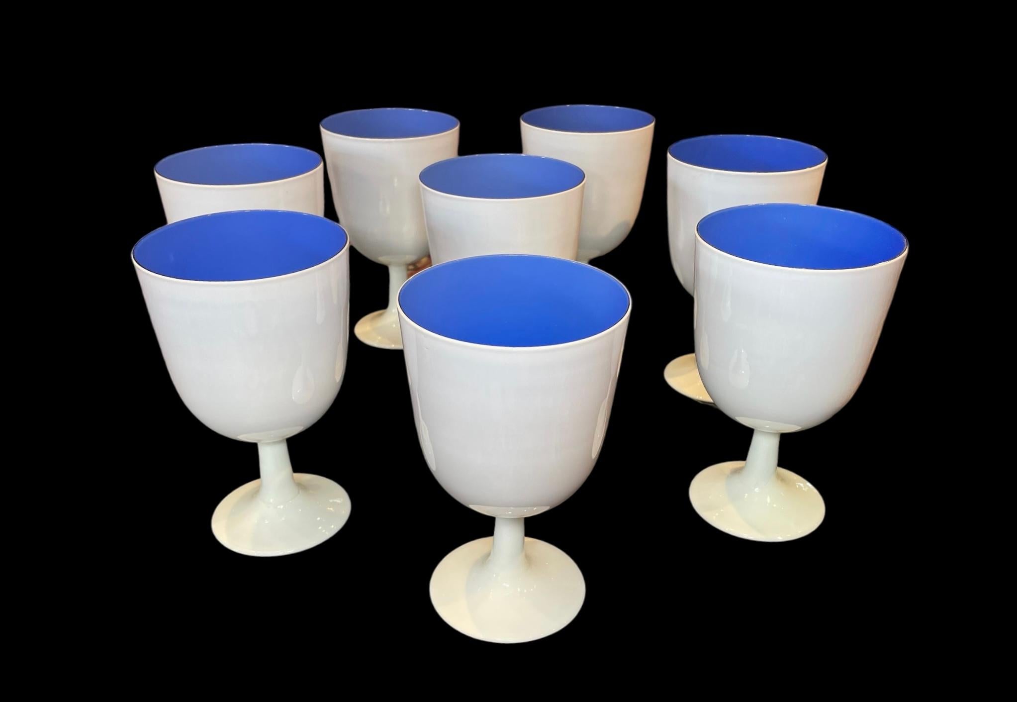 20th Century Carlo Moretti Set of Eight White and Blue Murano Glass Goblets For Sale