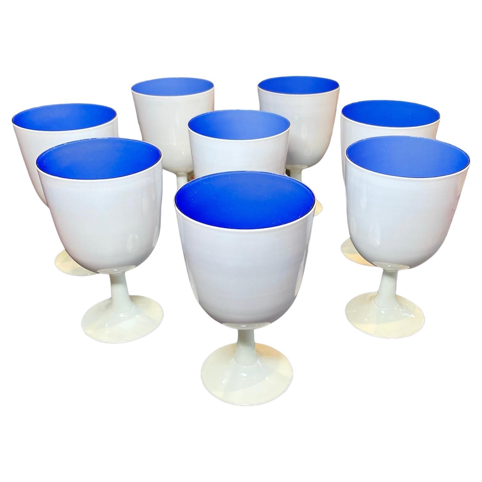 Carlo Moretti Set of Eight White and Blue Murano Glass Goblets For Sale