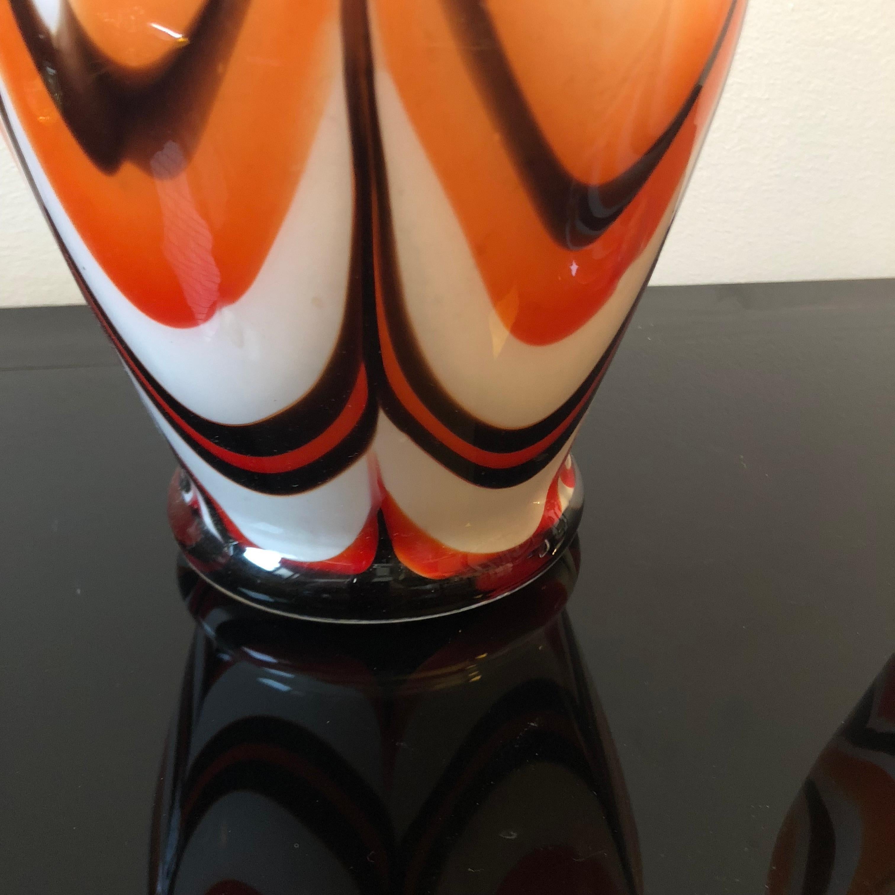 Two Italian orange and red opaline vases designed by Carlo Moretti for Opaline Florence, size of the small one are diameter cm 13, height cm 30.