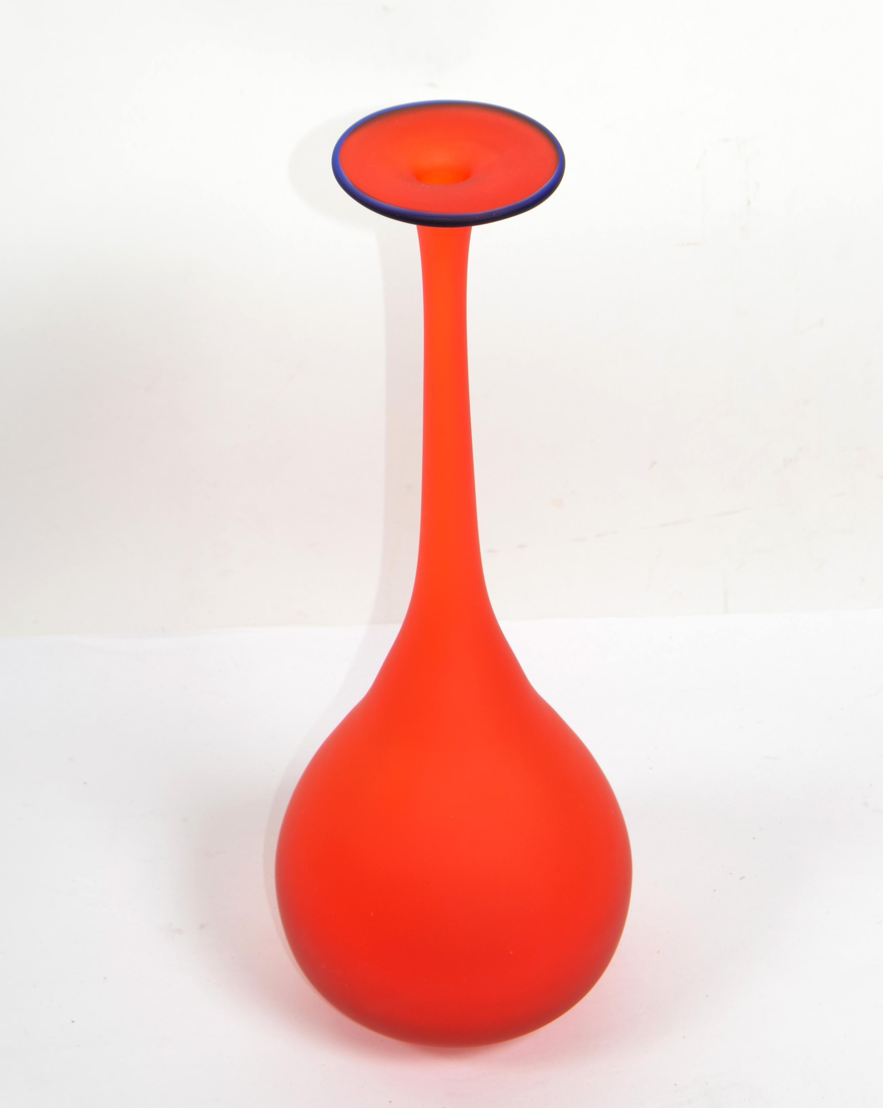 Hand-Crafted Carlo Moretti Style Italian Translucent Red & Blue Satin Glass Bud Vase Vessel For Sale