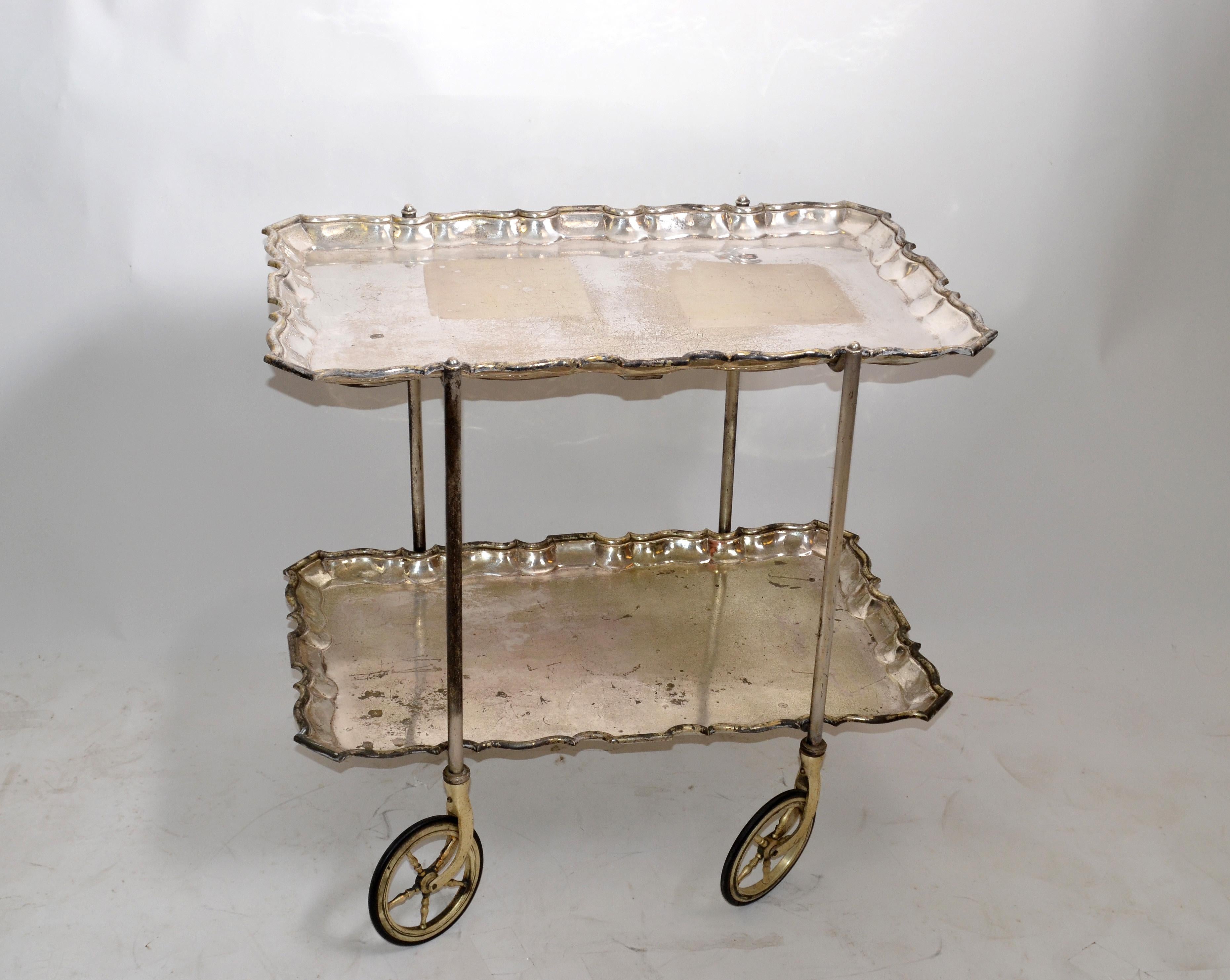 Carlo Mozzoni Italian Silvered 2-Tier Tray Bar Cart Neoclassical Original Wheels 11