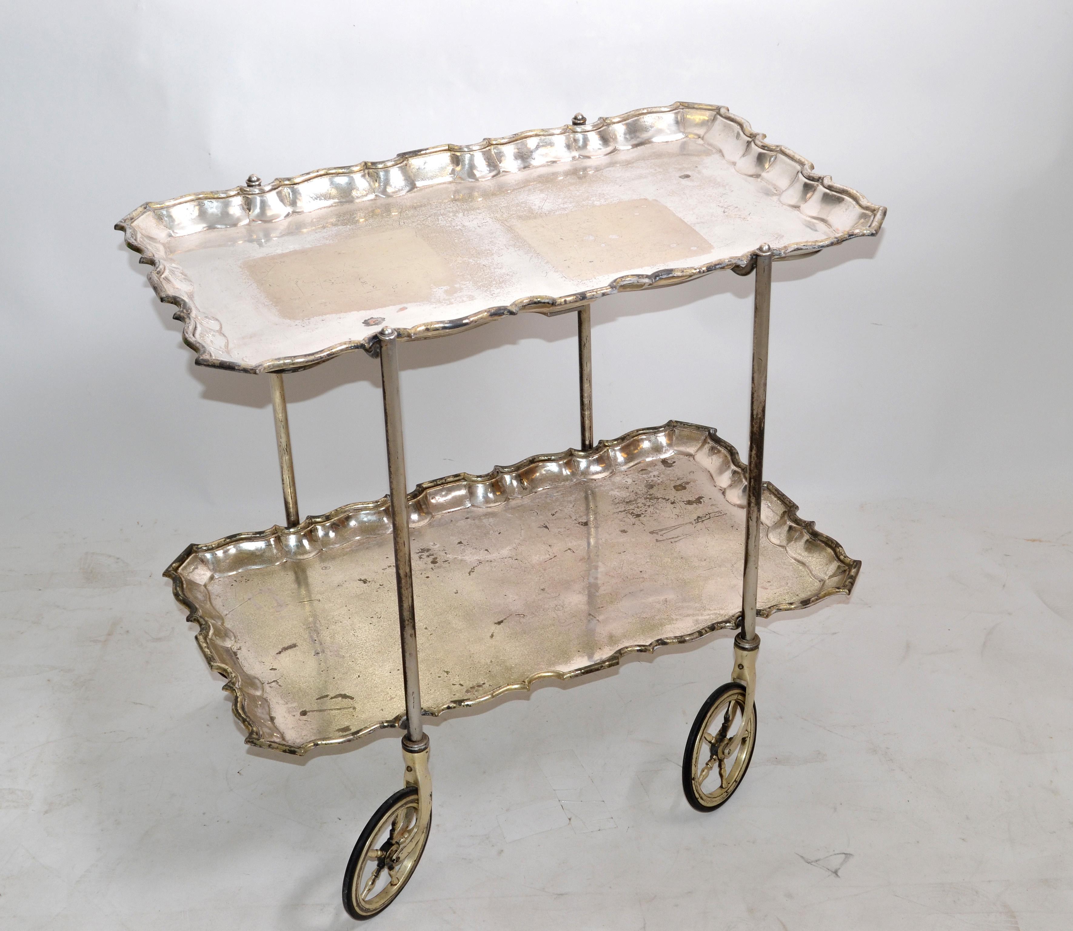 Carlo Mozzoni Italian Silvered 2-Tier Tray Bar Cart Neoclassical Original Wheels In Distressed Condition In Miami, FL