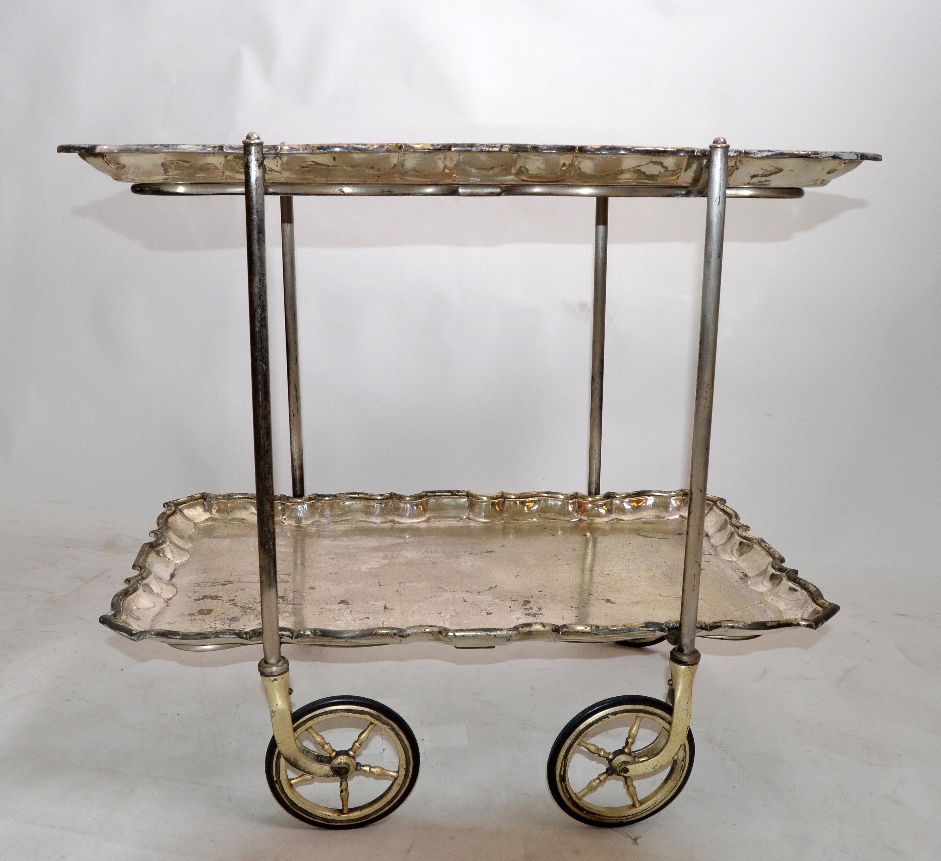 Carlo Mozzoni Italian Silvered 2-Tier Tray Bar Cart Neoclassical Original Wheels 2