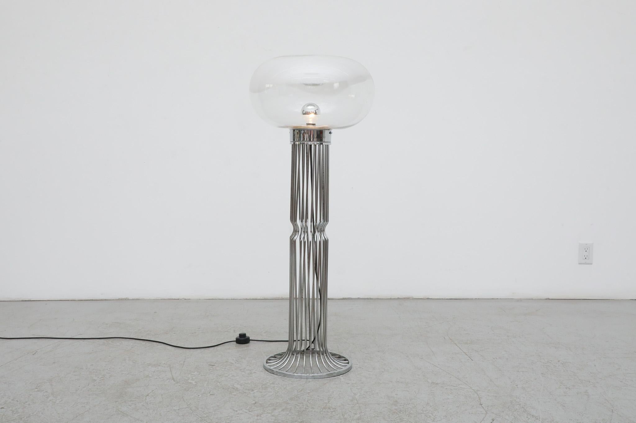 Incredible Carlo Nason (attr) mushroom floor lamp with bent chrome rod base and frosted gradient glass shade. In original condition with some visible wear consistent with age and use. Shot with Mercury tipped bulb.