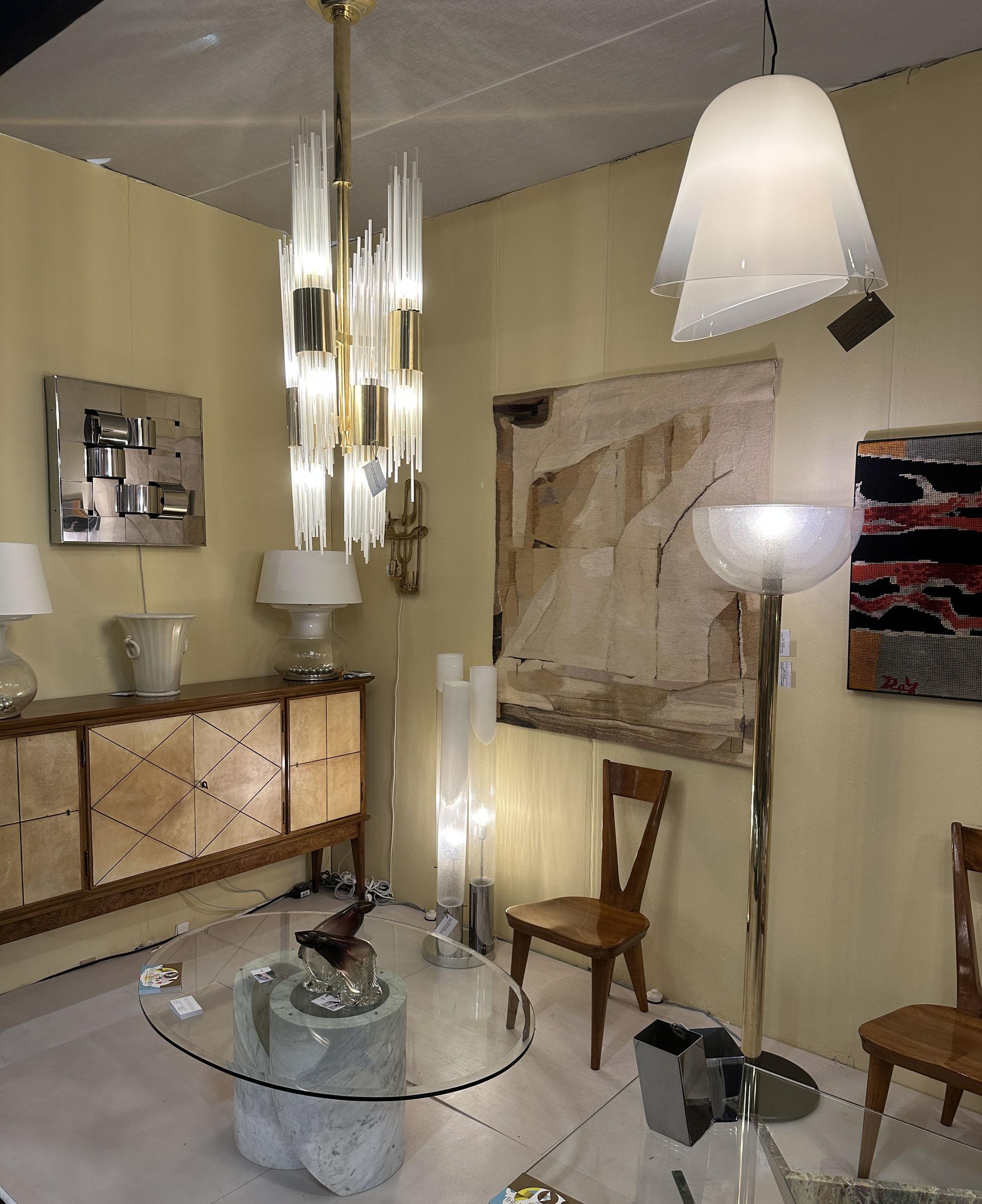 Carlo Nason Attribut Kronleuchter Messing mit Fontäne von Glas Stränge Italien 1960 (Mitte des 20. Jahrhunderts) im Angebot