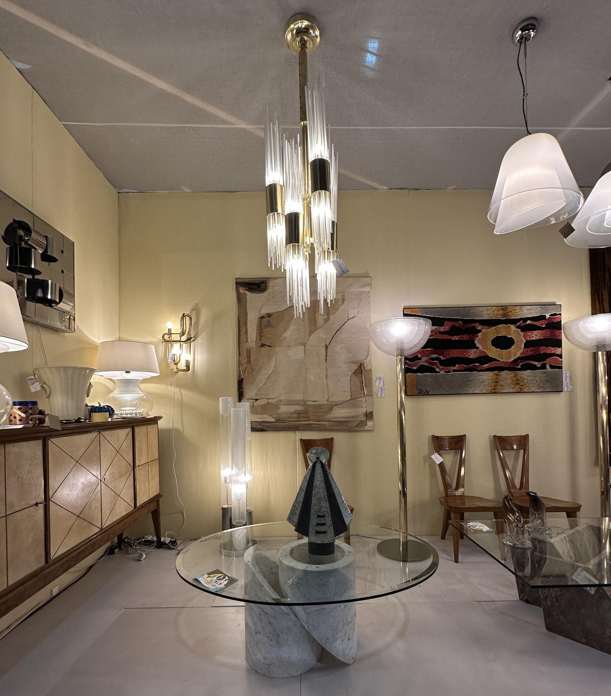 Carlo Nason Attribut Kronleuchter Messing mit Fontäne von Glas Stränge Italien 1960 im Angebot 1