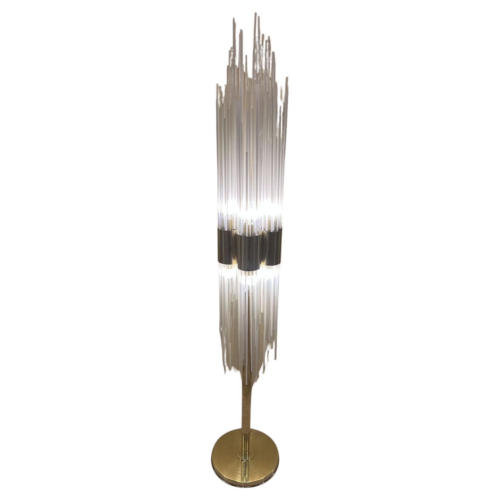 Carlo Nason attribute Floor Lamp Brass with Fountain of Glass Strands Italy 1960